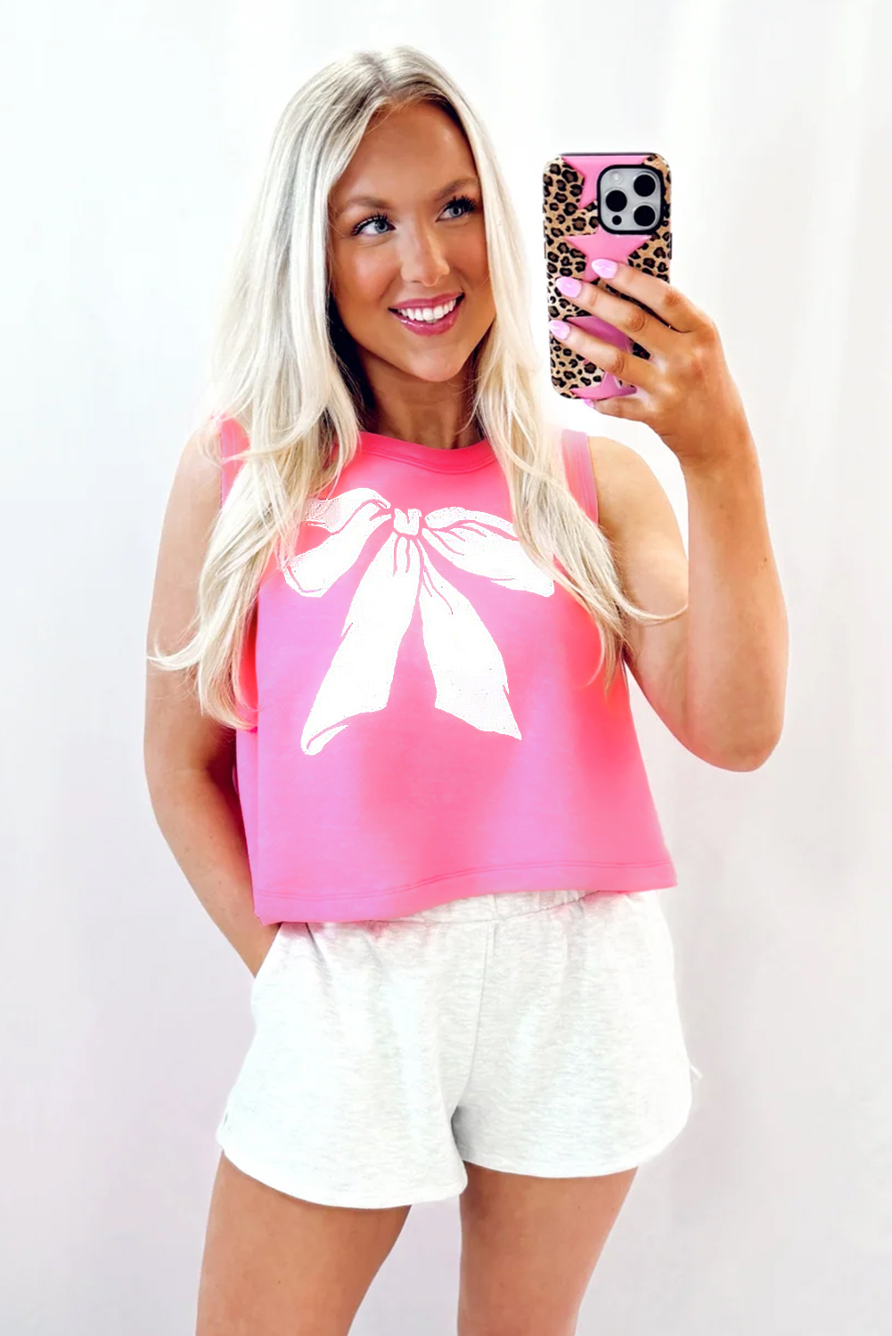 Sachet Pink Bow Print Boxy Fit Tank Top - loveforevers