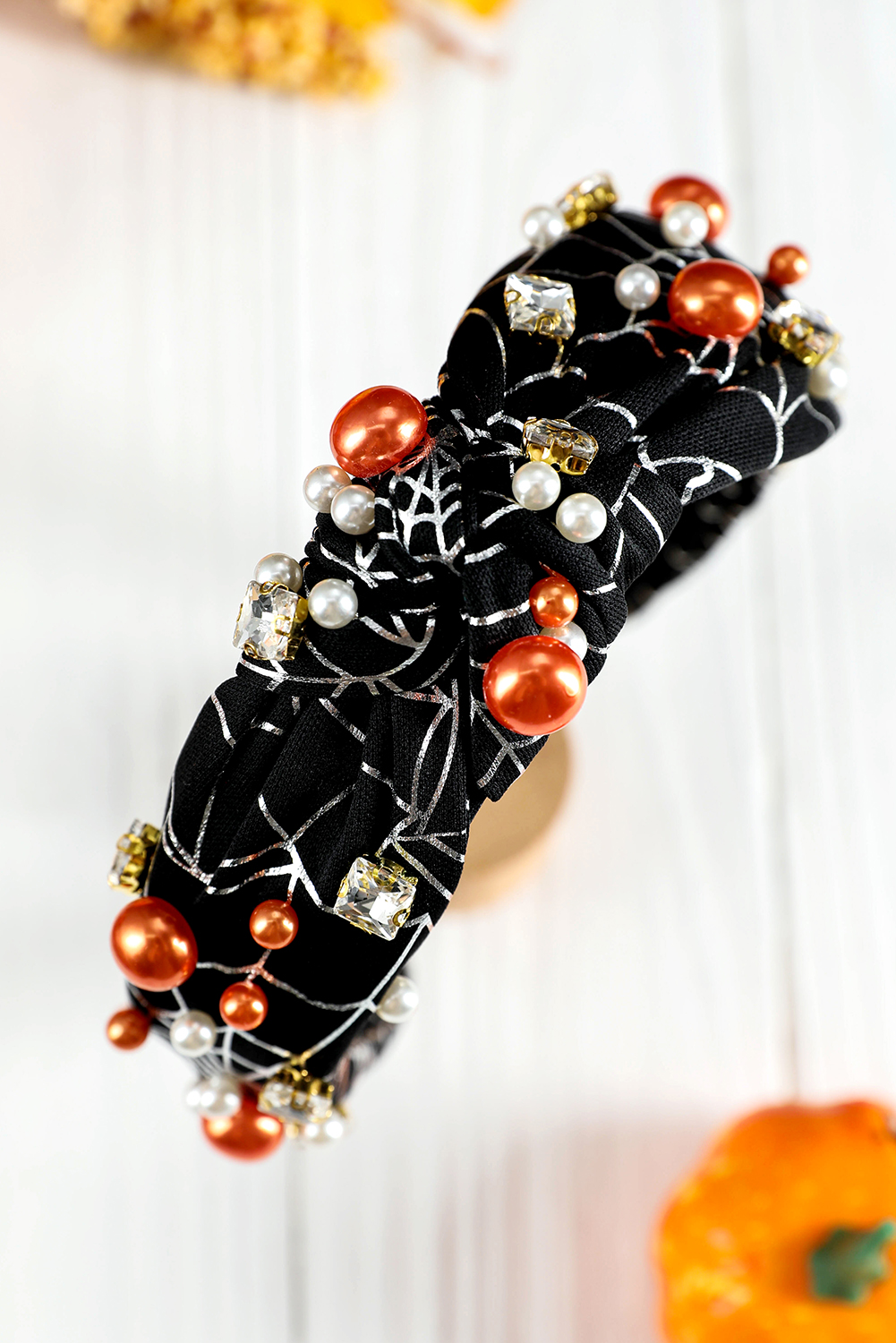 Black Pearled Rhinestone Knotted Spiderweb Halloween Headband - loveforevers