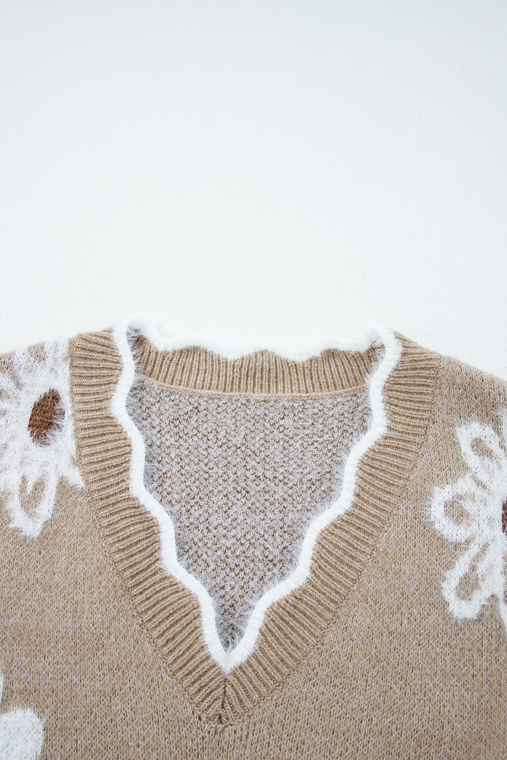 Smoke Gray Plush Flower Pattern Scalloped Trim V Neck Sweater - loveforevers