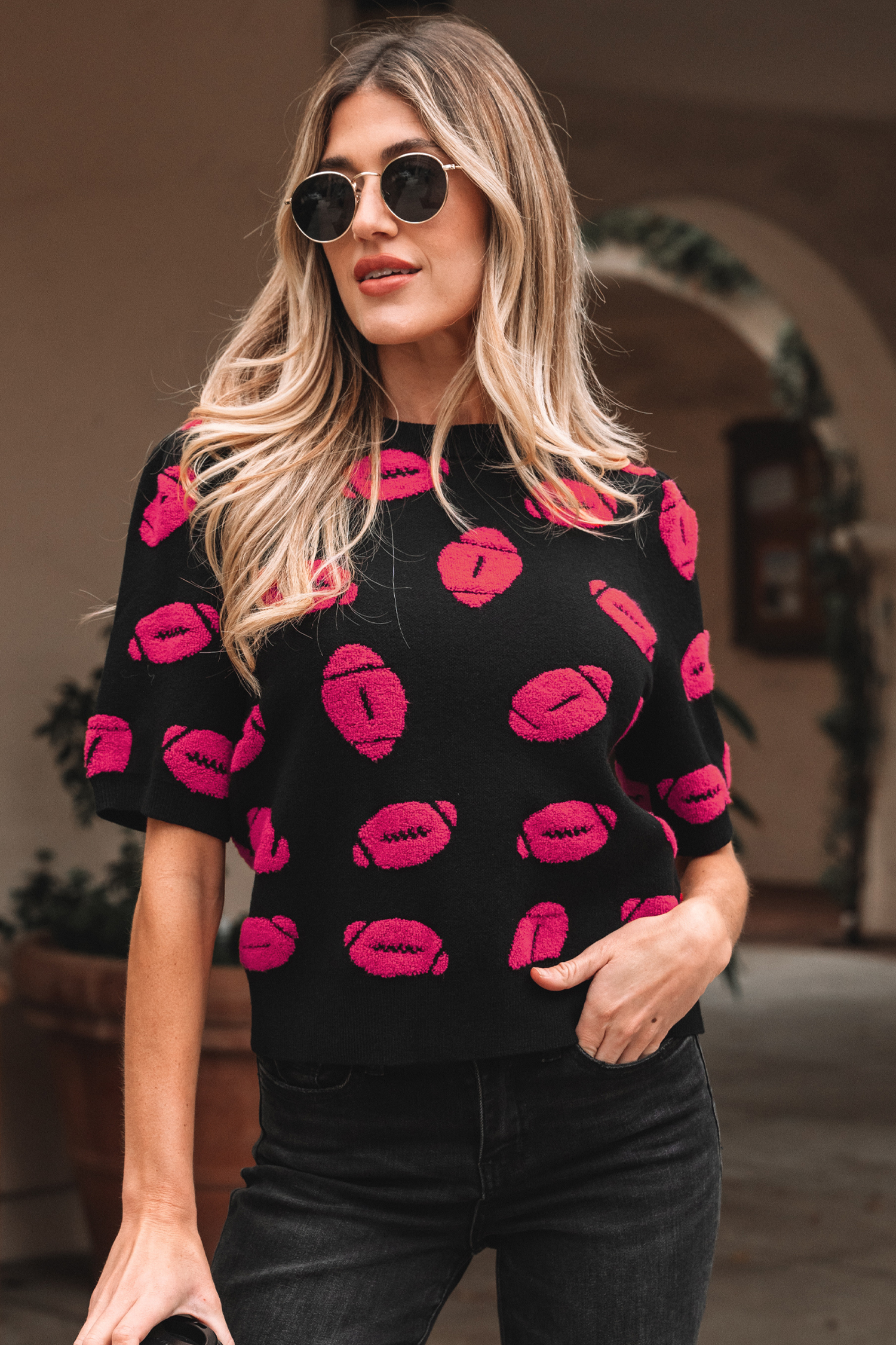 Black Rugby Print Casual Knit Short Sleeve Sweater - loveforevers