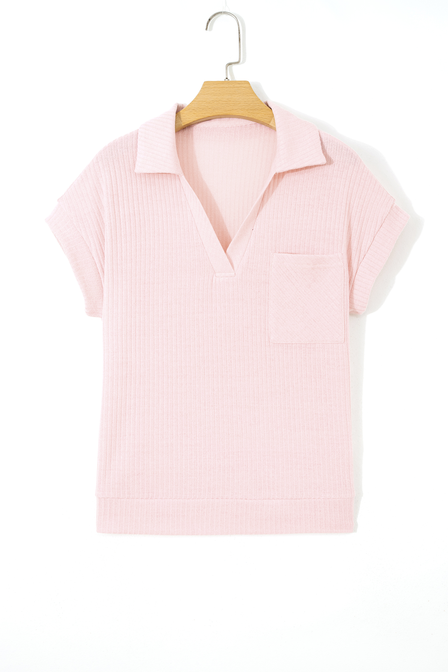 Light Pink Collared V Neck Ribbed Tee - loveforevers
