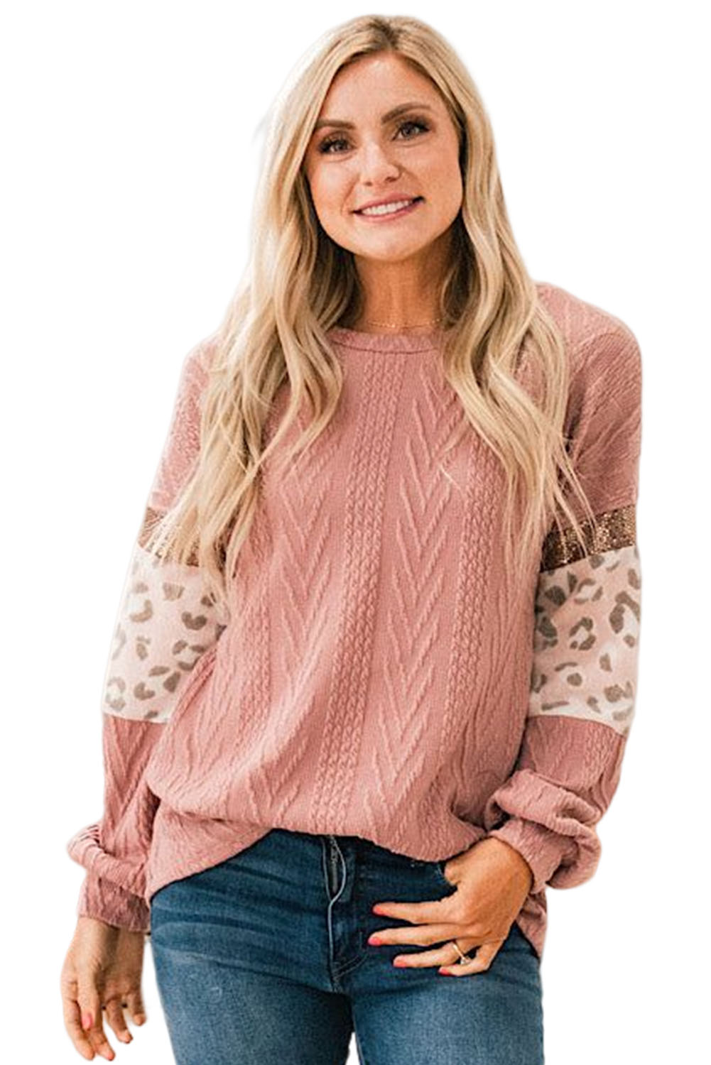 Pink Leopard Sequin Splicing Sleeves Textured Knit Top - loveforevers