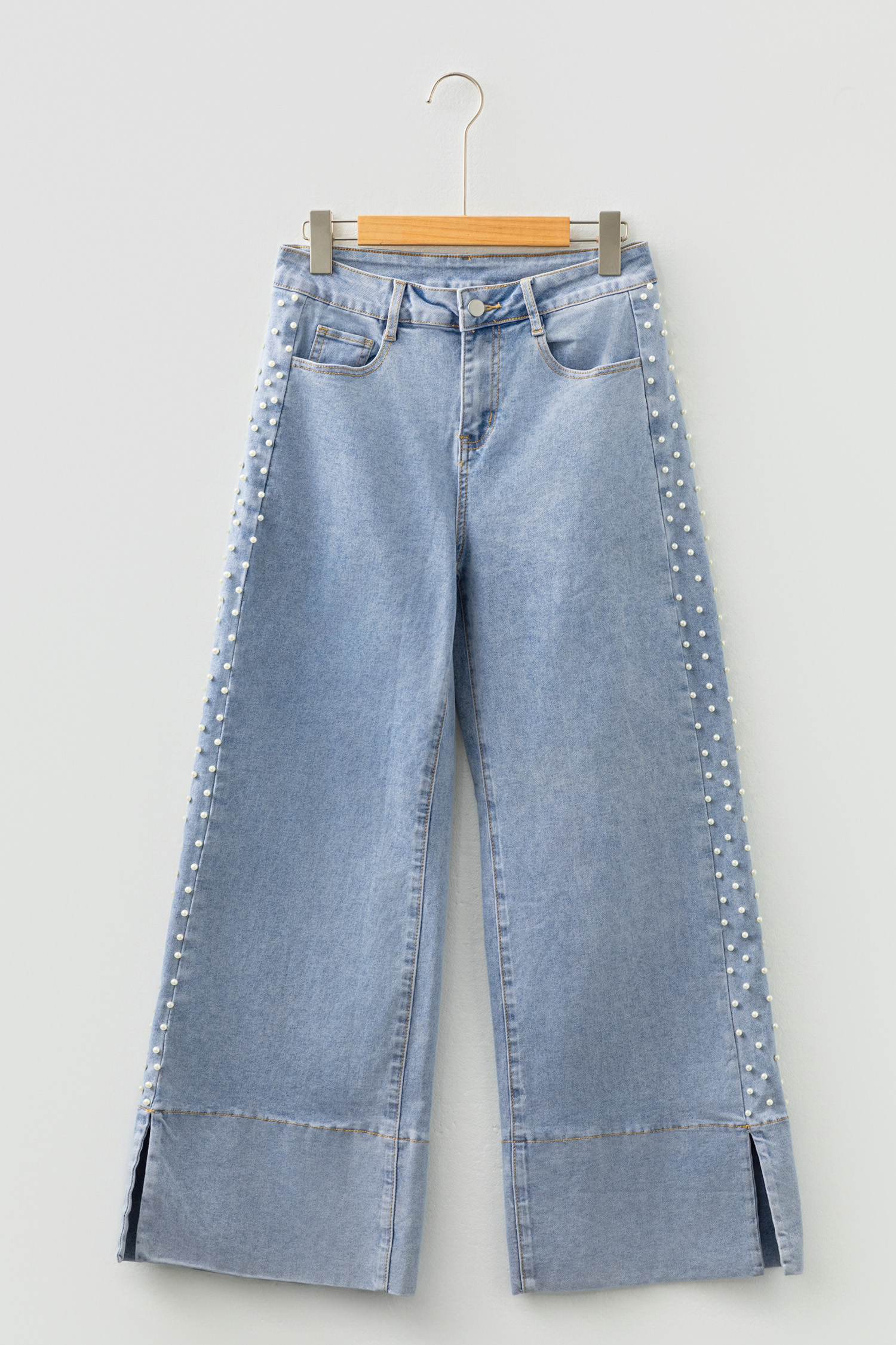 Beau Blue Mid Rise Pearl Embellished Split Wide Leg Jeans - loveforevers