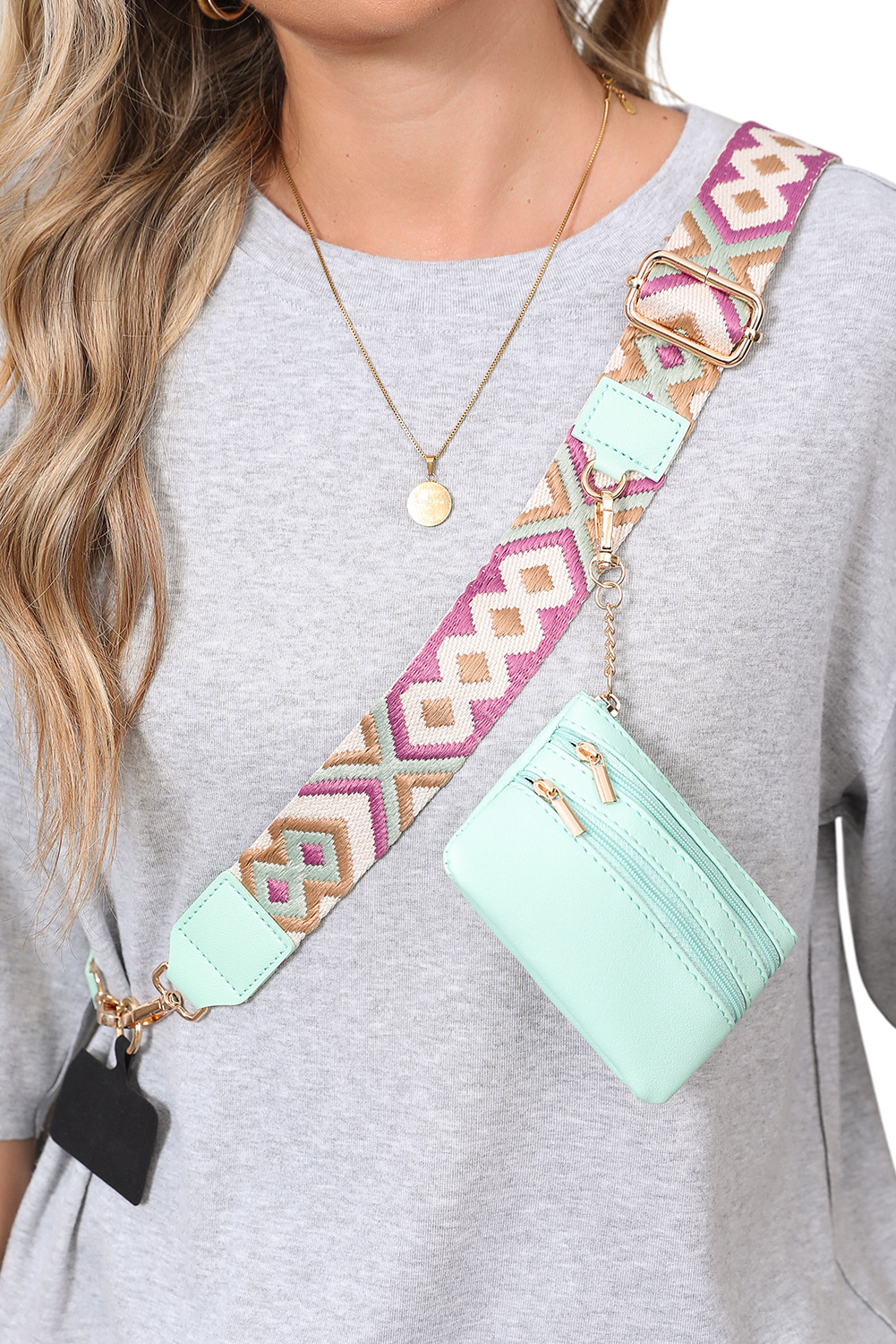 Sea Green Geometric Printed Phone Strap And Detachable Zipped Pouch - loveforevers