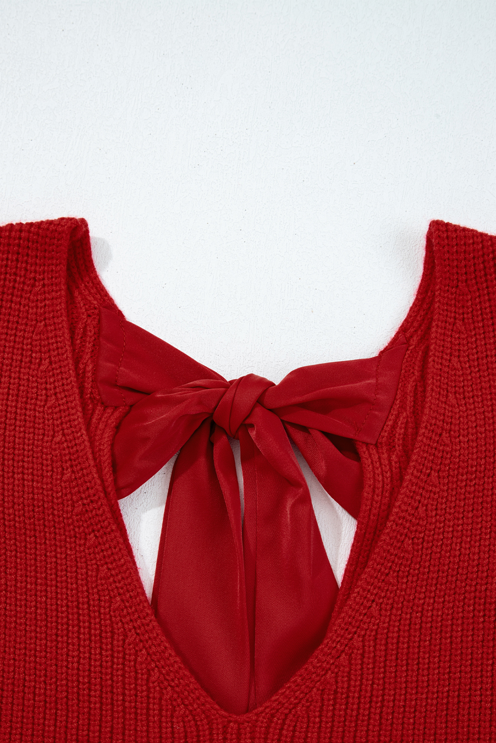 Racing Red Lantern Sleeve V Neck Knot Back Sweater - loveforevers