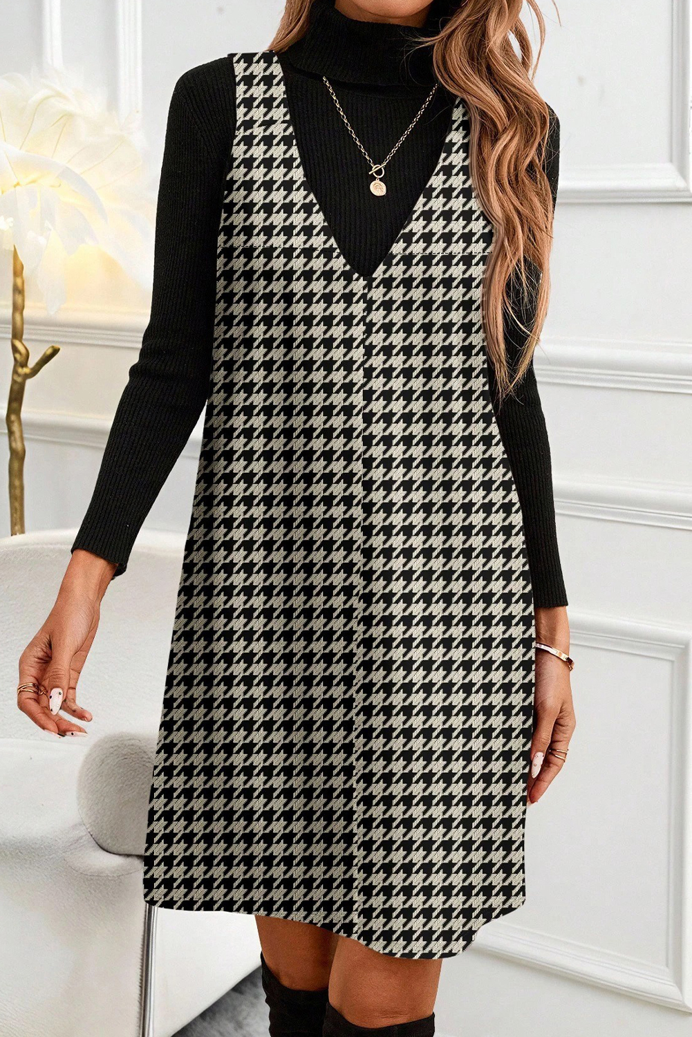 Khaki Houndstooth Print V Neck Sleeveless Mini Dress - loveforevers