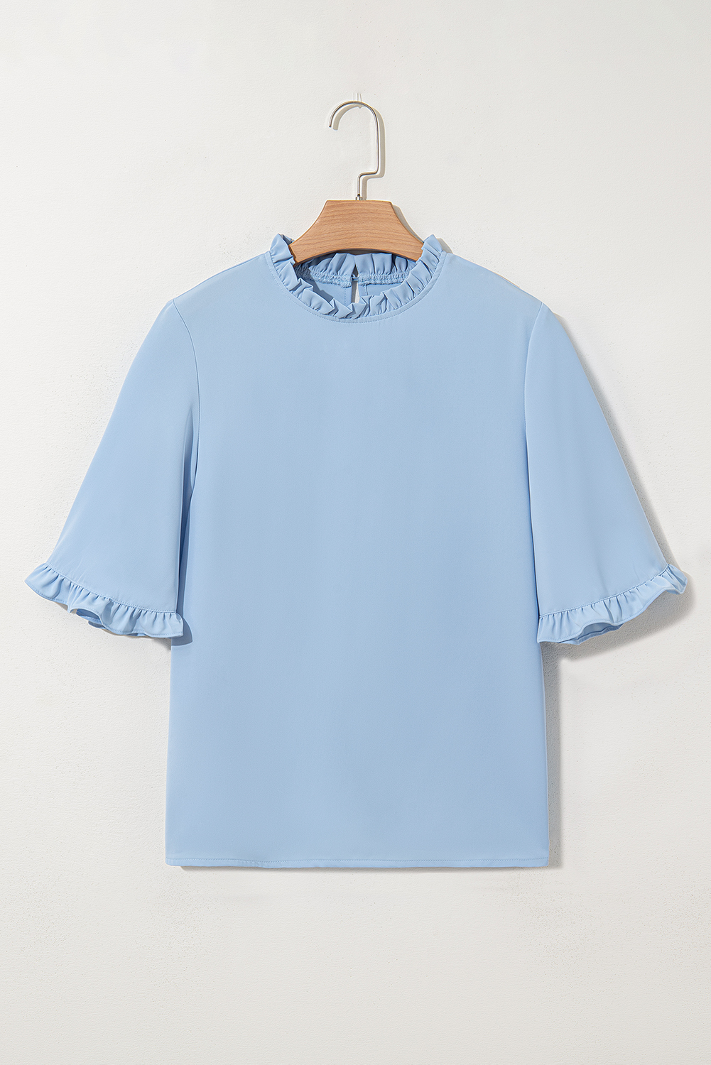 Green Frilly Round Neck Wide Half Sleeve Blouse - loveforevers