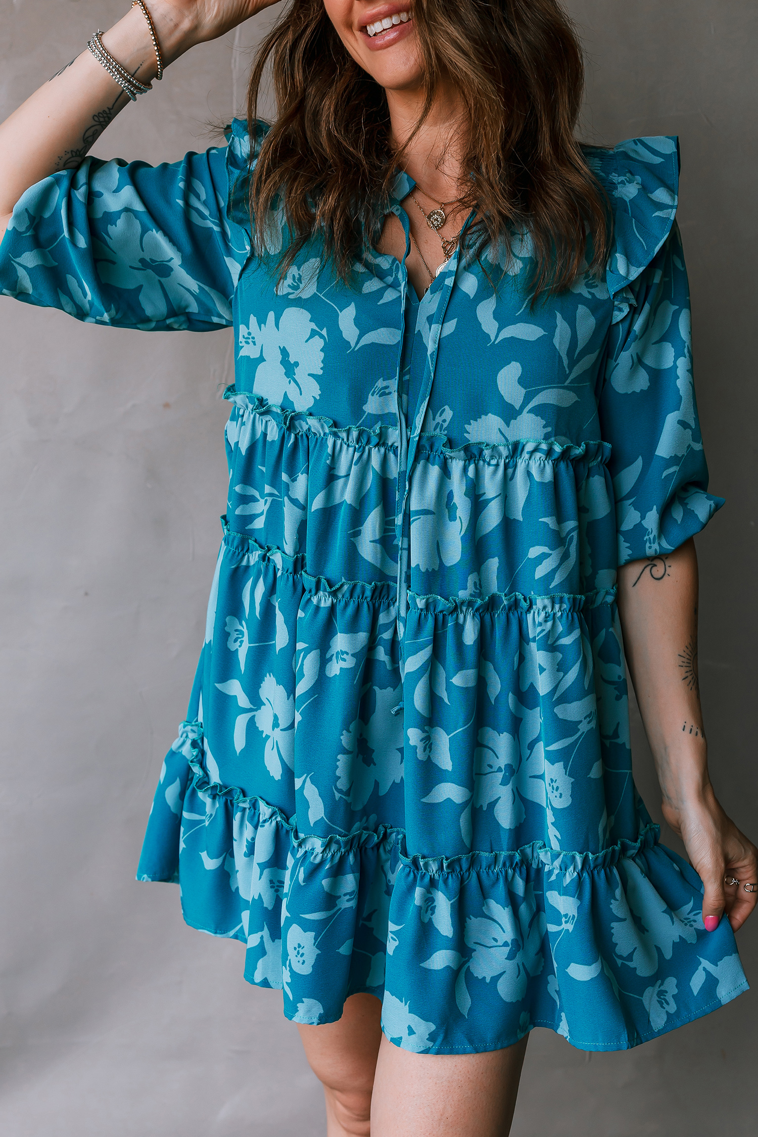 Blue Flower Half Sleeve Tiered Ruffled Mini Dress - loveforevers