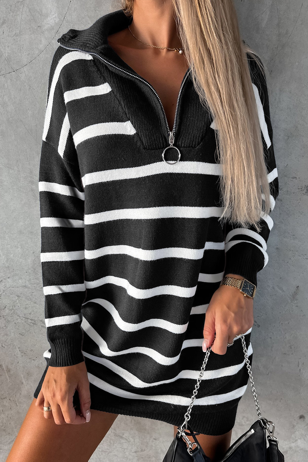 Black Striped O-ring Zip Collared Loose Sweater Mini Dress - loveforevers