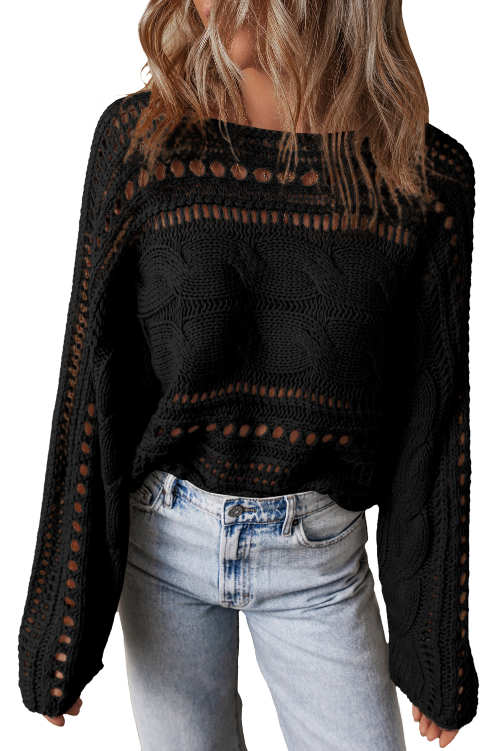 Blackish Green Hollow-out Cable Knit Cropped Sweater - loveforevers