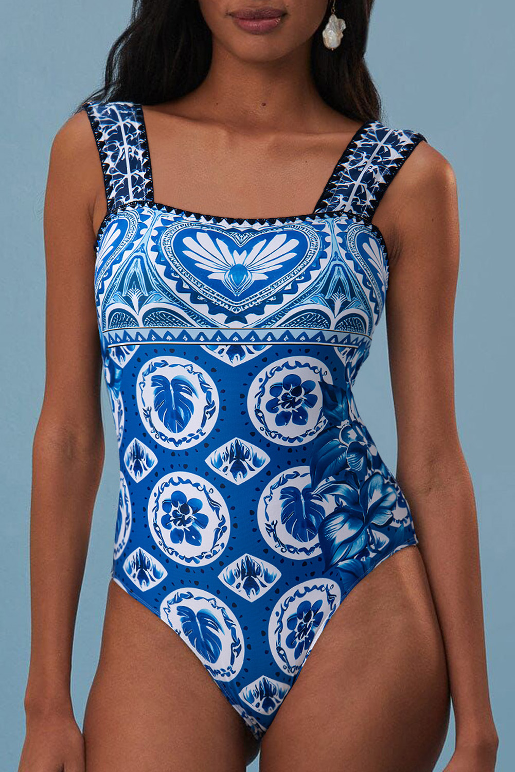Blue Tile Pattern Ricrac Wide Straps Sheath One Piece Swimsuit - loveforevers
