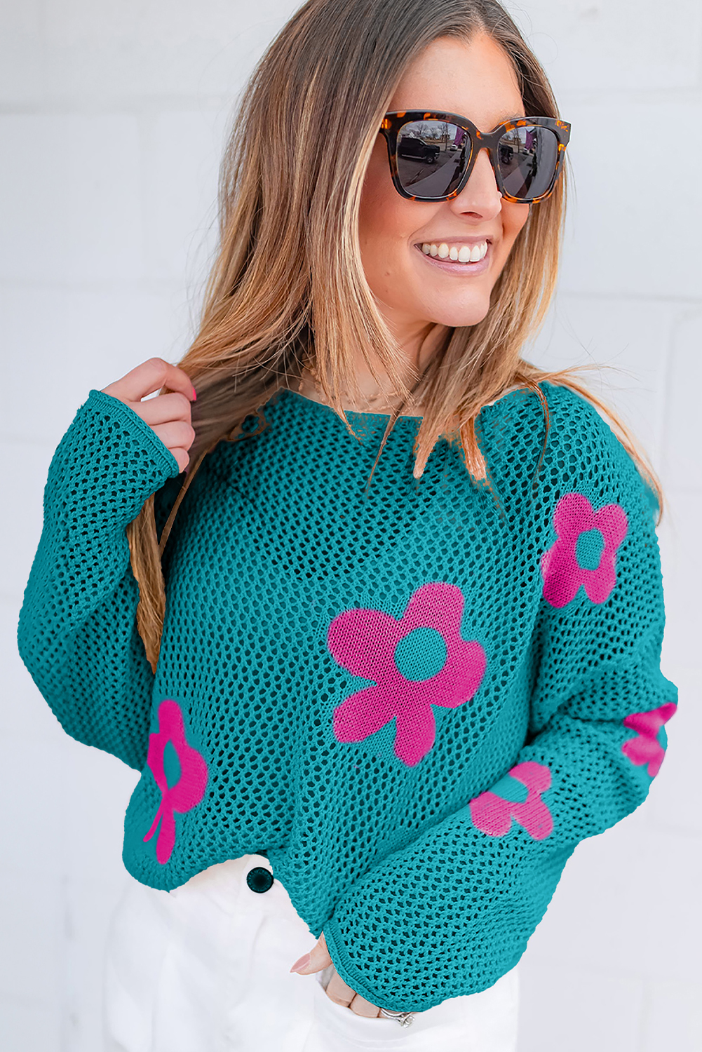 Light Pink Big Flower Hollowed Knit Drop Shoulder Sweater - loveforevers