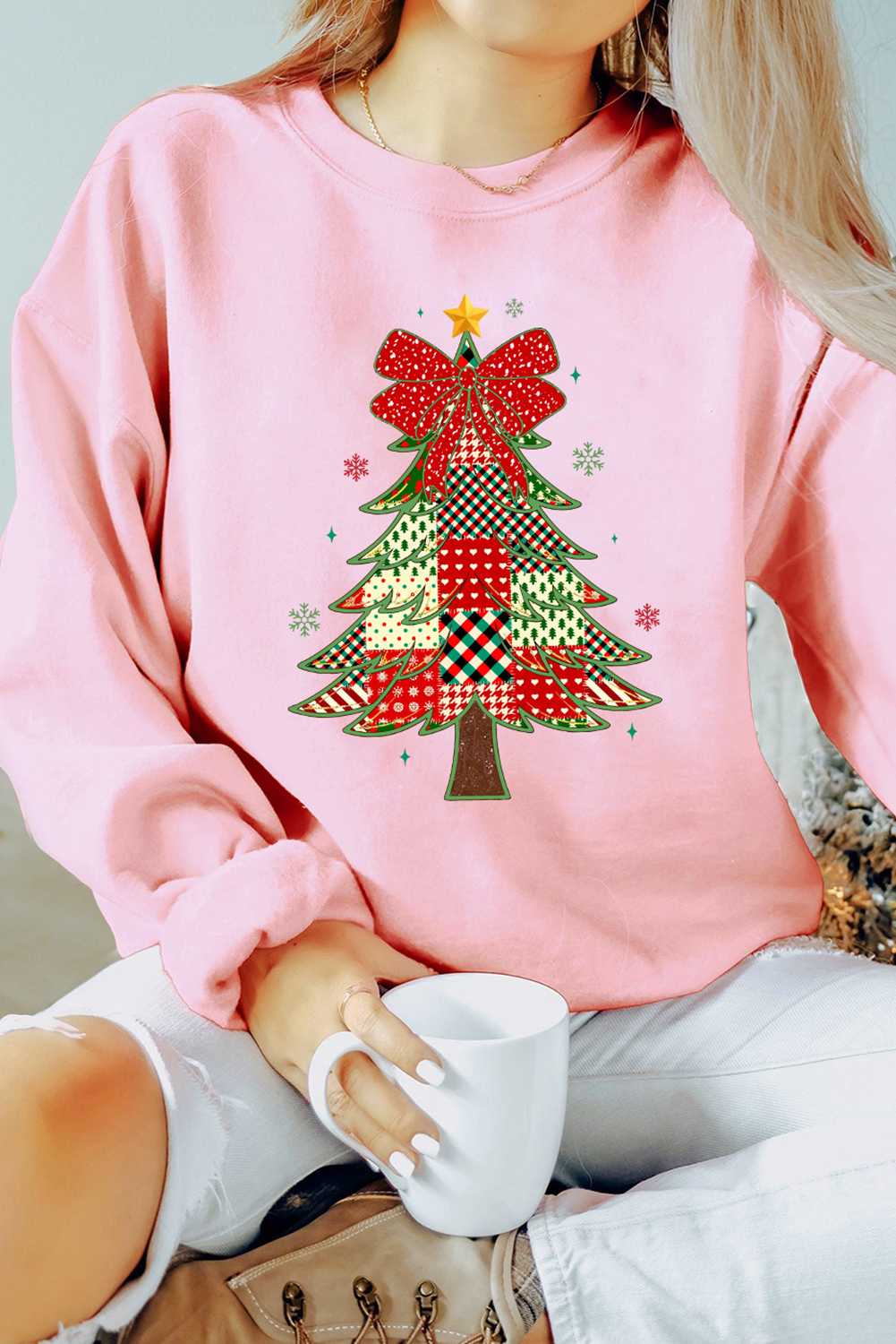 Pink Multi-pattern Checkered Christmas Tree Womens Drop Shoulder Sweatshirt - loveforevers