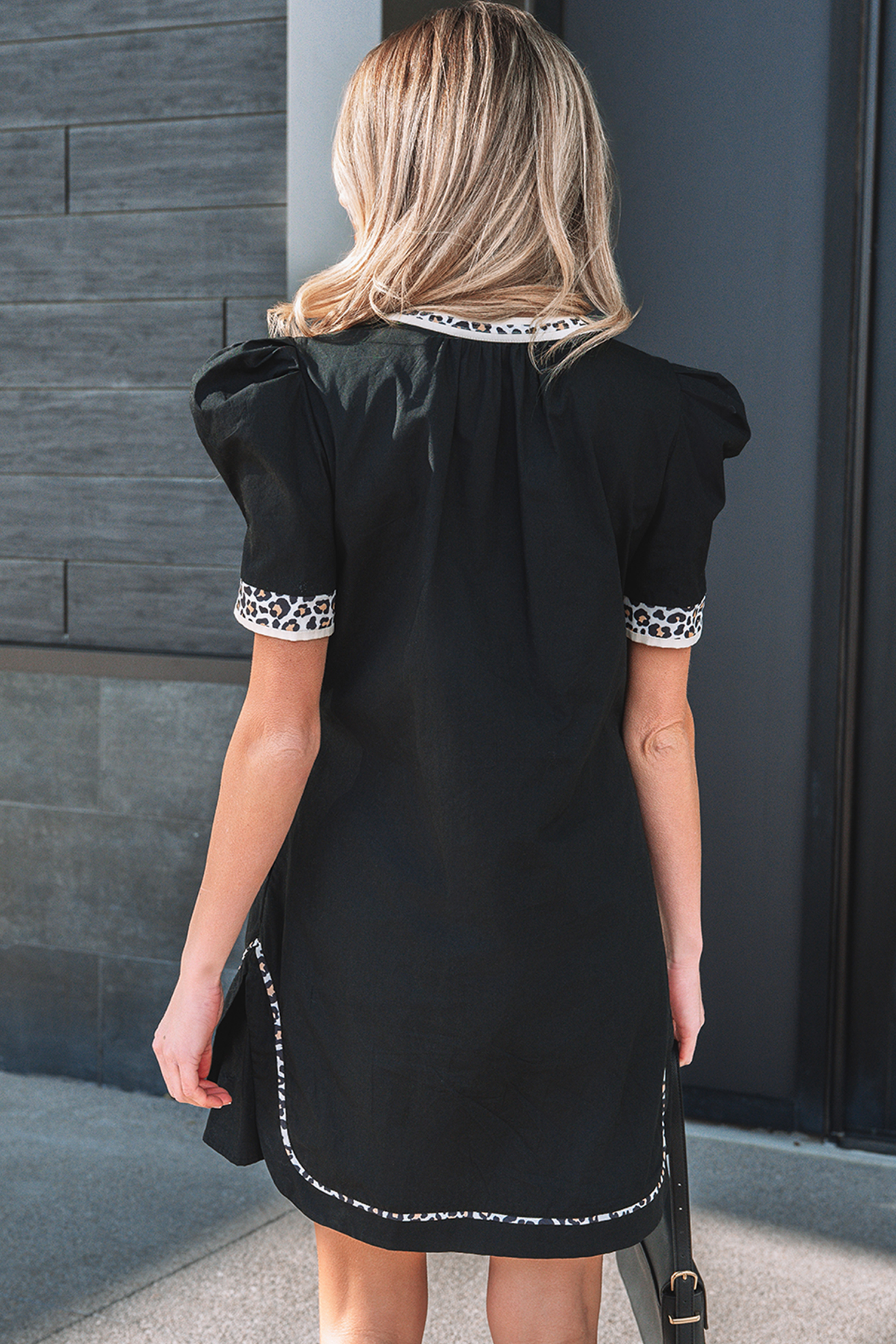 Buckskin Contrast Leopard Trim Split Neck Puff Sleeve Blouse - loveforevers