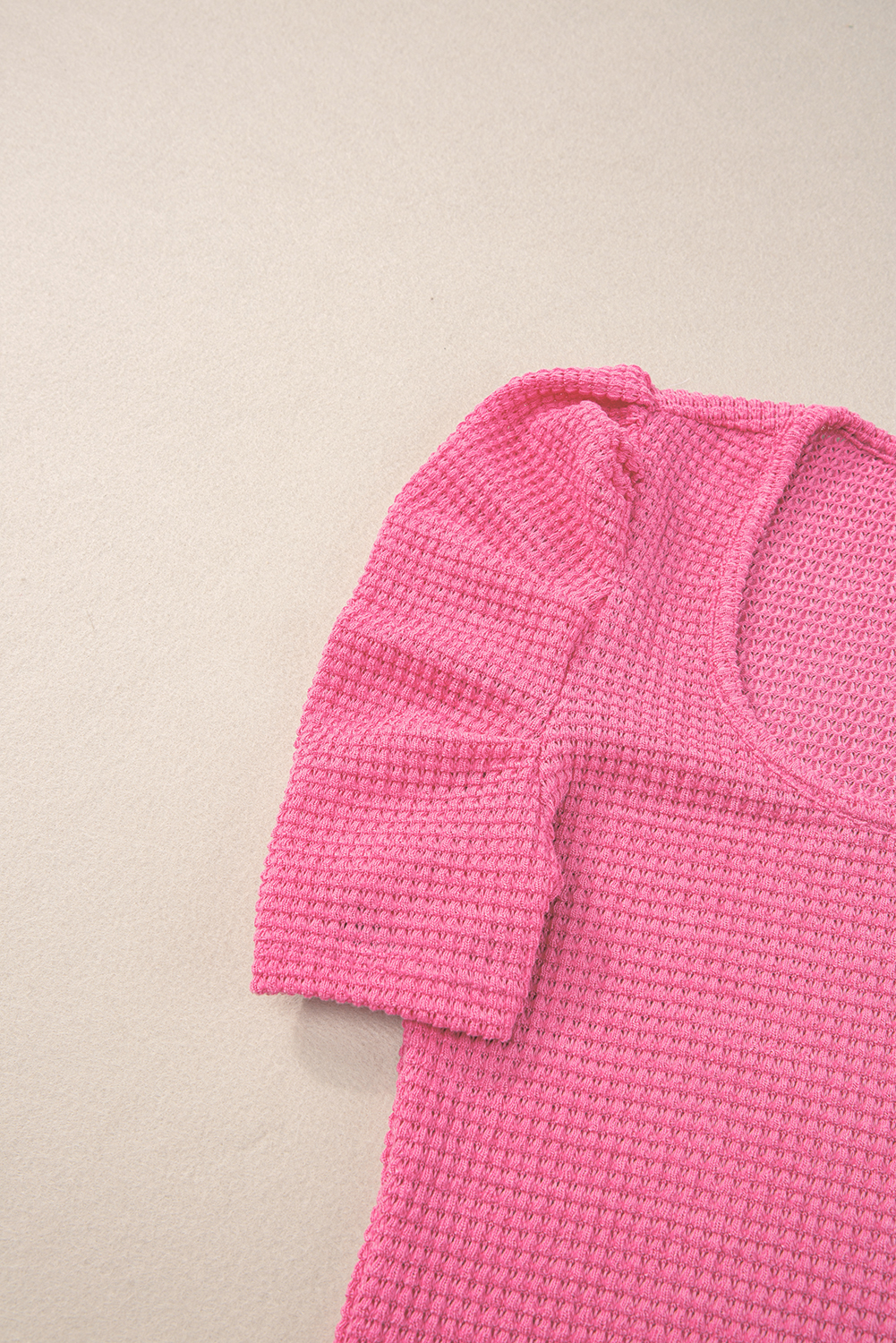 Bright Pink Waffle Knit Ruched Puff Sleeve Top - loveforevers