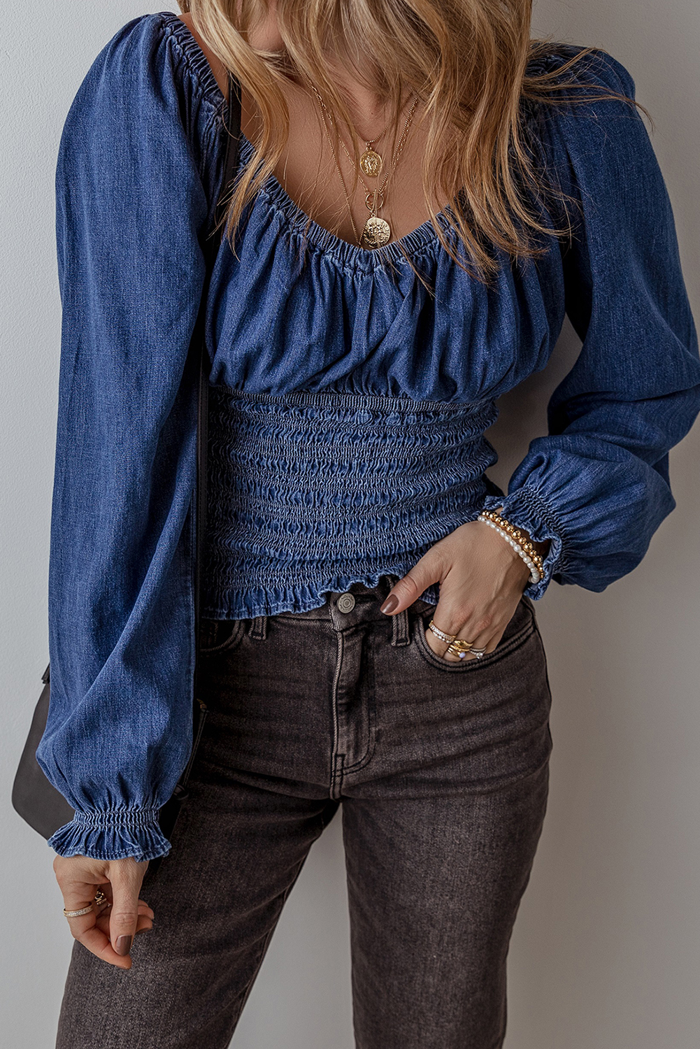Dark Blue Smocked Ruffled Puff Sleeve V Neck Denim Blouse - loveforevers