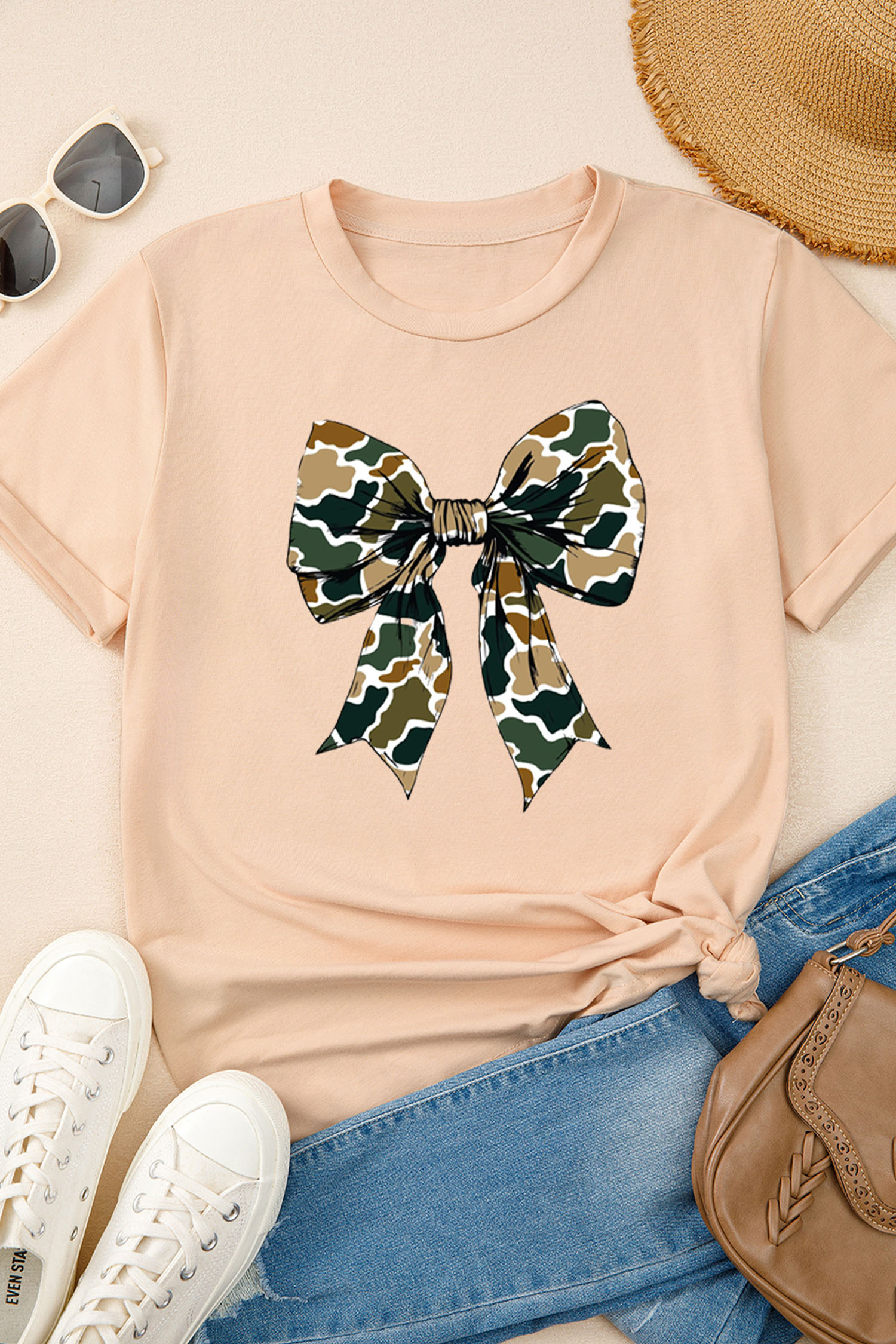Khaki Camouflage Big Bow Print Womens Casual Tee - loveforevers