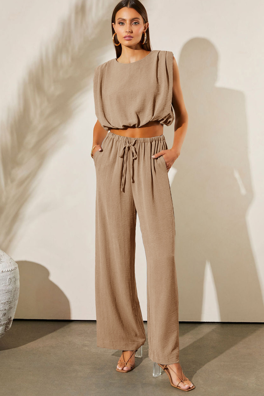 Pale Khaki Solid Color Keyhole Puffy Tank Drawstring Loose Pants 2pcs Outfit - loveforevers