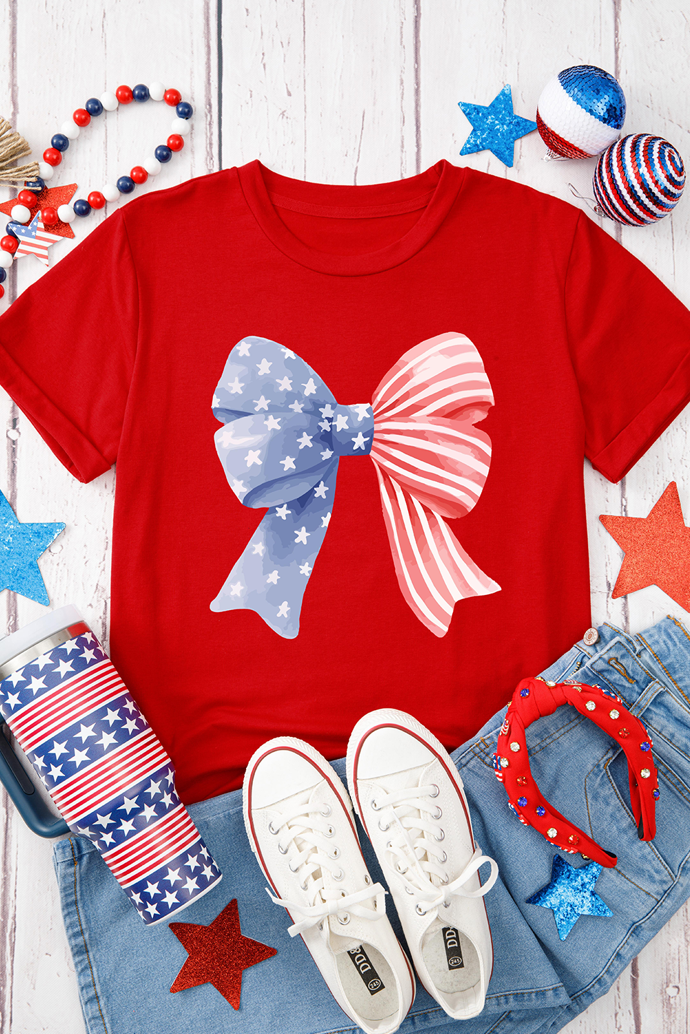 Red Stars and Stripes Bow Print Independence Day T Shirt - loveforevers