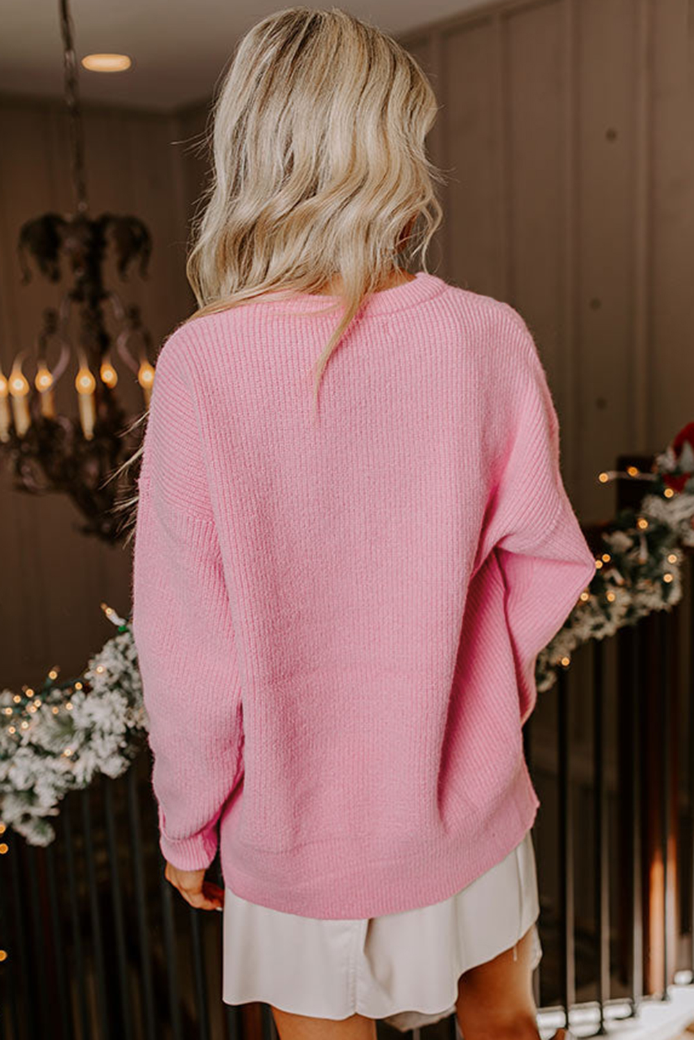 Pink Merry Candy Cane Puffy Knit Crew Neck Sweater - loveforevers