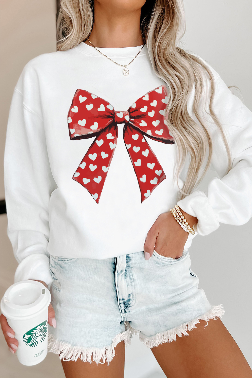 White Heart Bow Printed Round Neck Valentines Pullover Sweatshirt - loveforevers