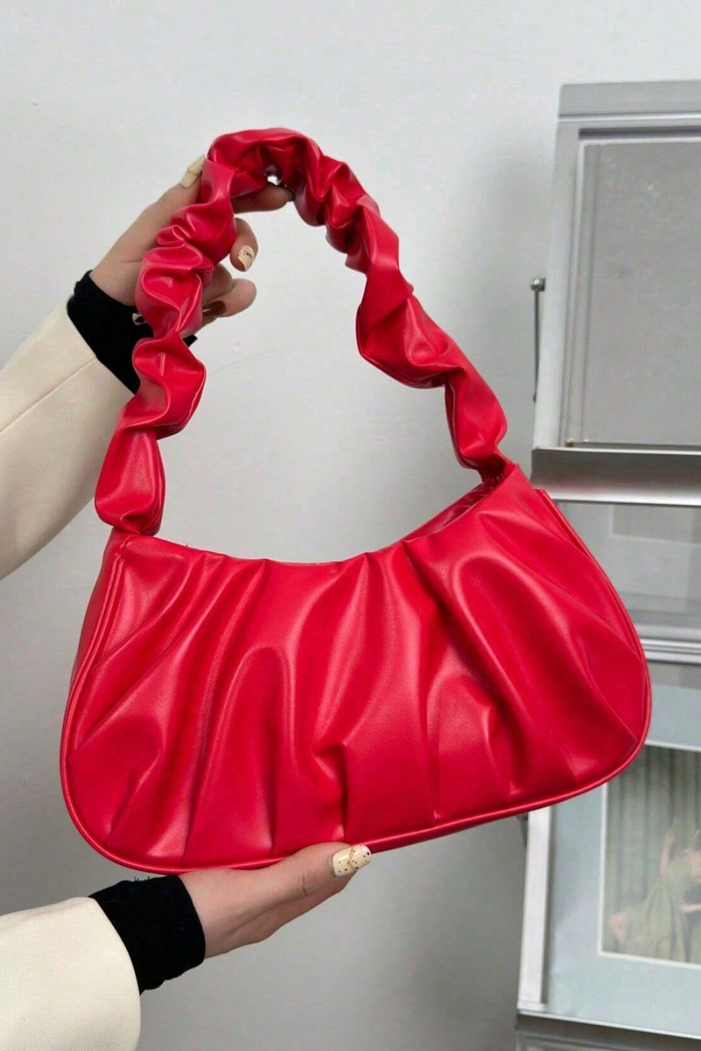 Fiery Red Ruched Faux Leather Shoulder Bag - loveforevers