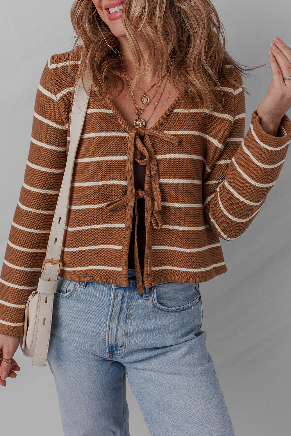 Chestnut Tie Front Striped Knit V Neck Cardigan Sweater - loveforevers