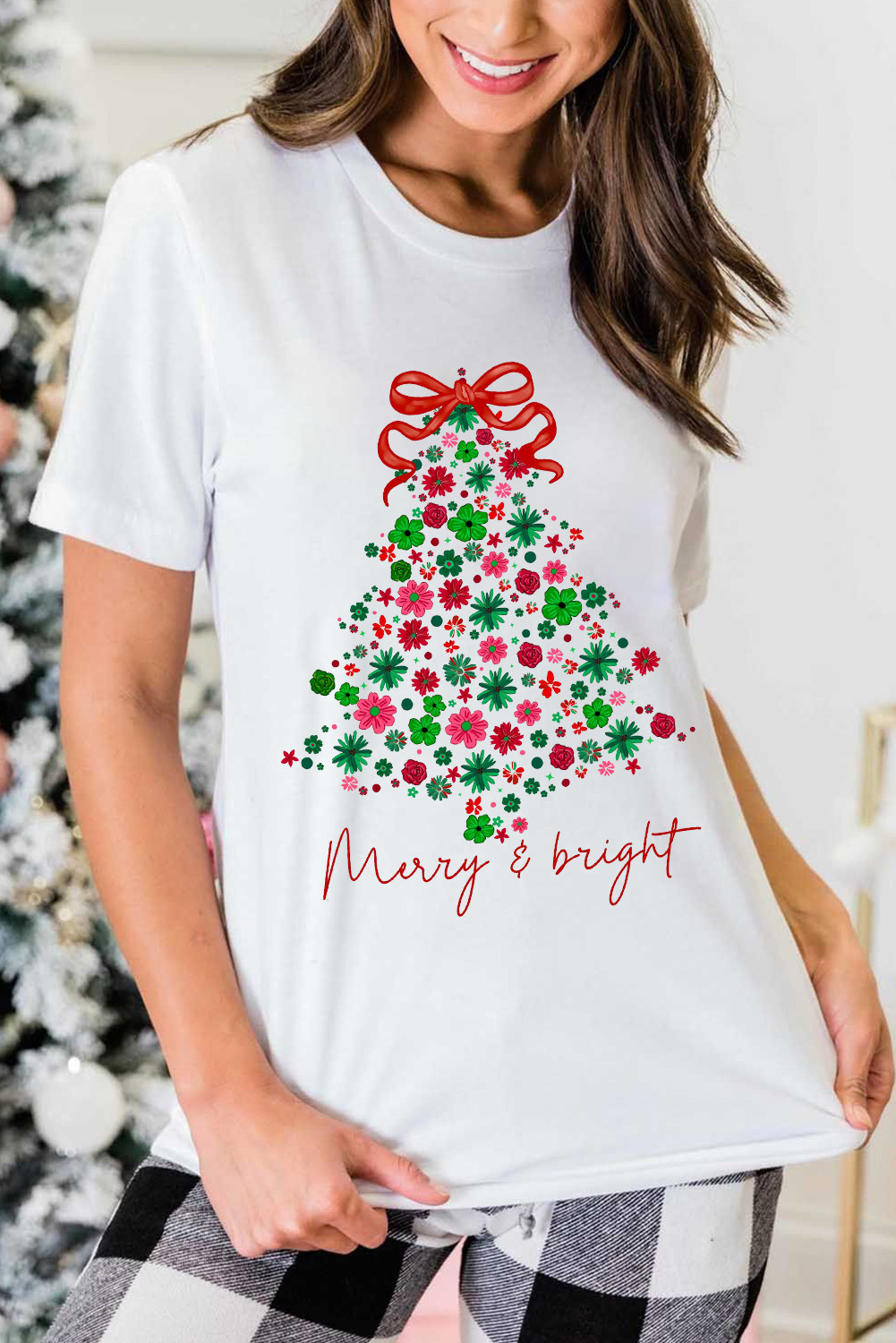 White Merry & Bright Floral Christmas Tree Graphic T Shirt - loveforevers