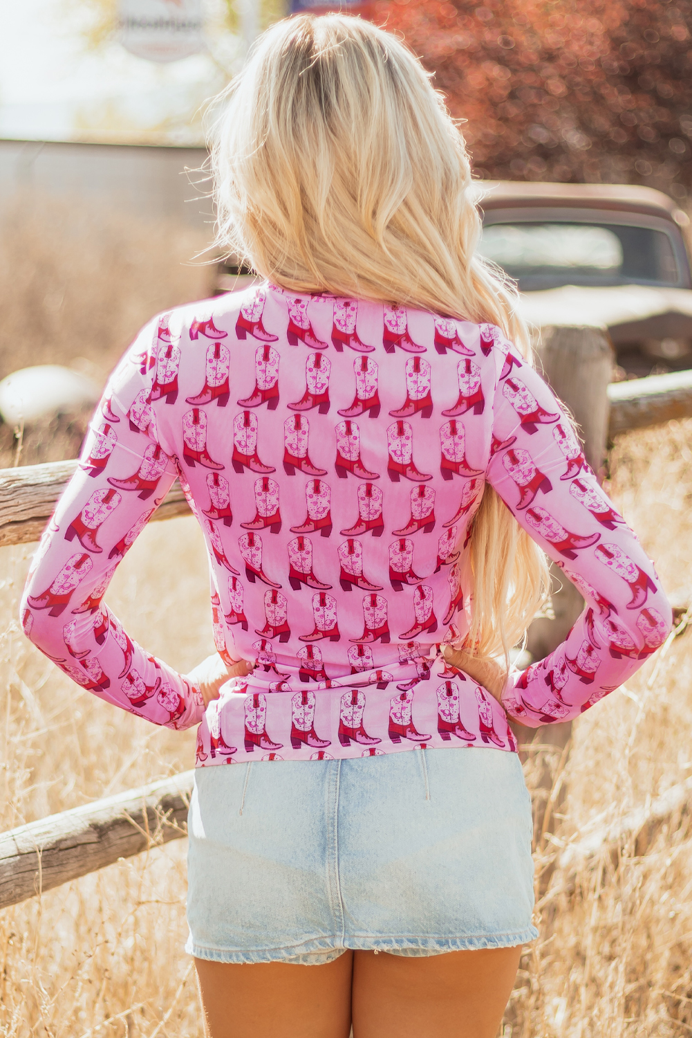 Pink Cowgirl Boots Printed Mock Neck Long Sleeve Mesh Top - loveforevers