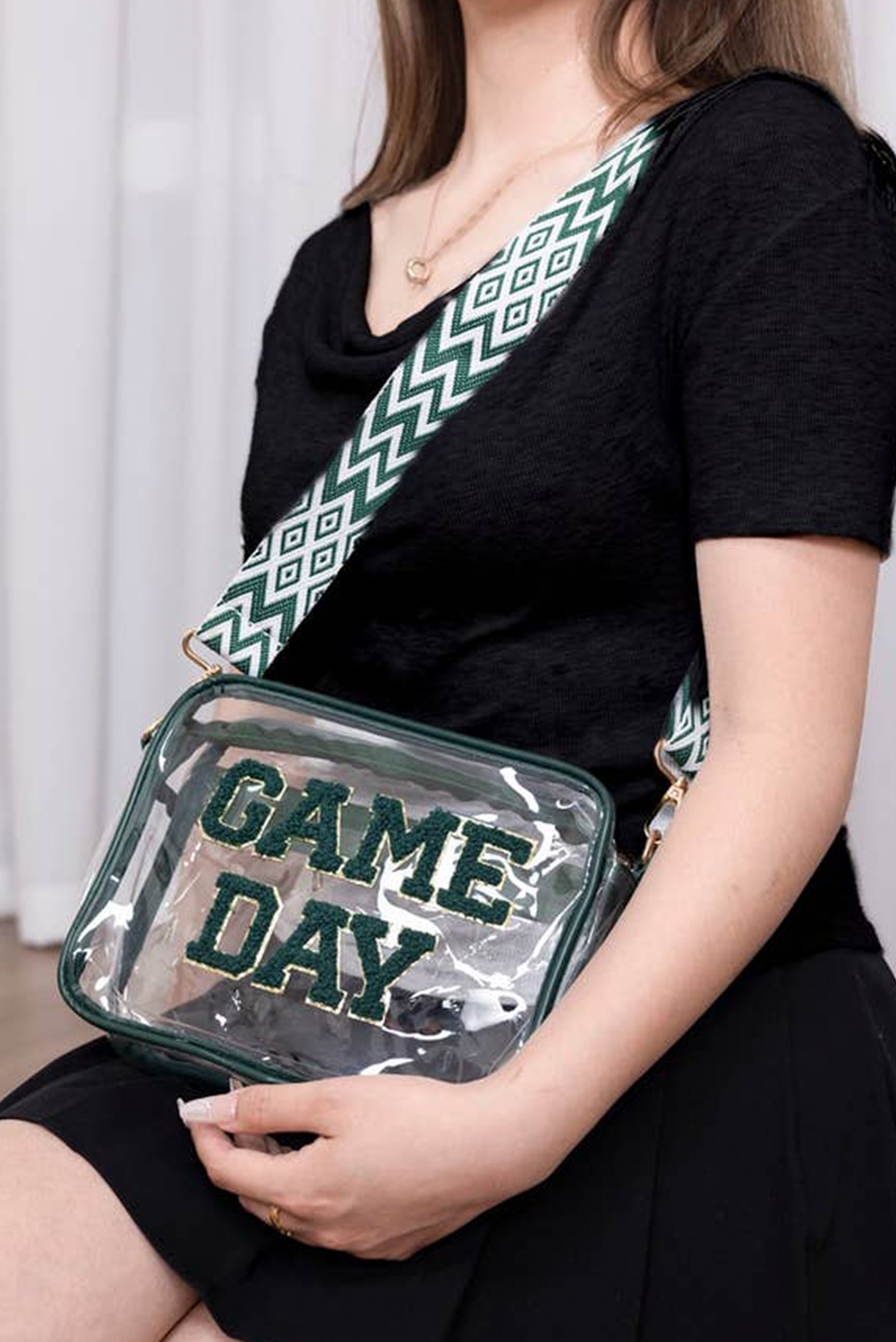 Blackish Green GAME DAY Chenille Embroidered Clear PVC Shoulder Bag - loveforevers
