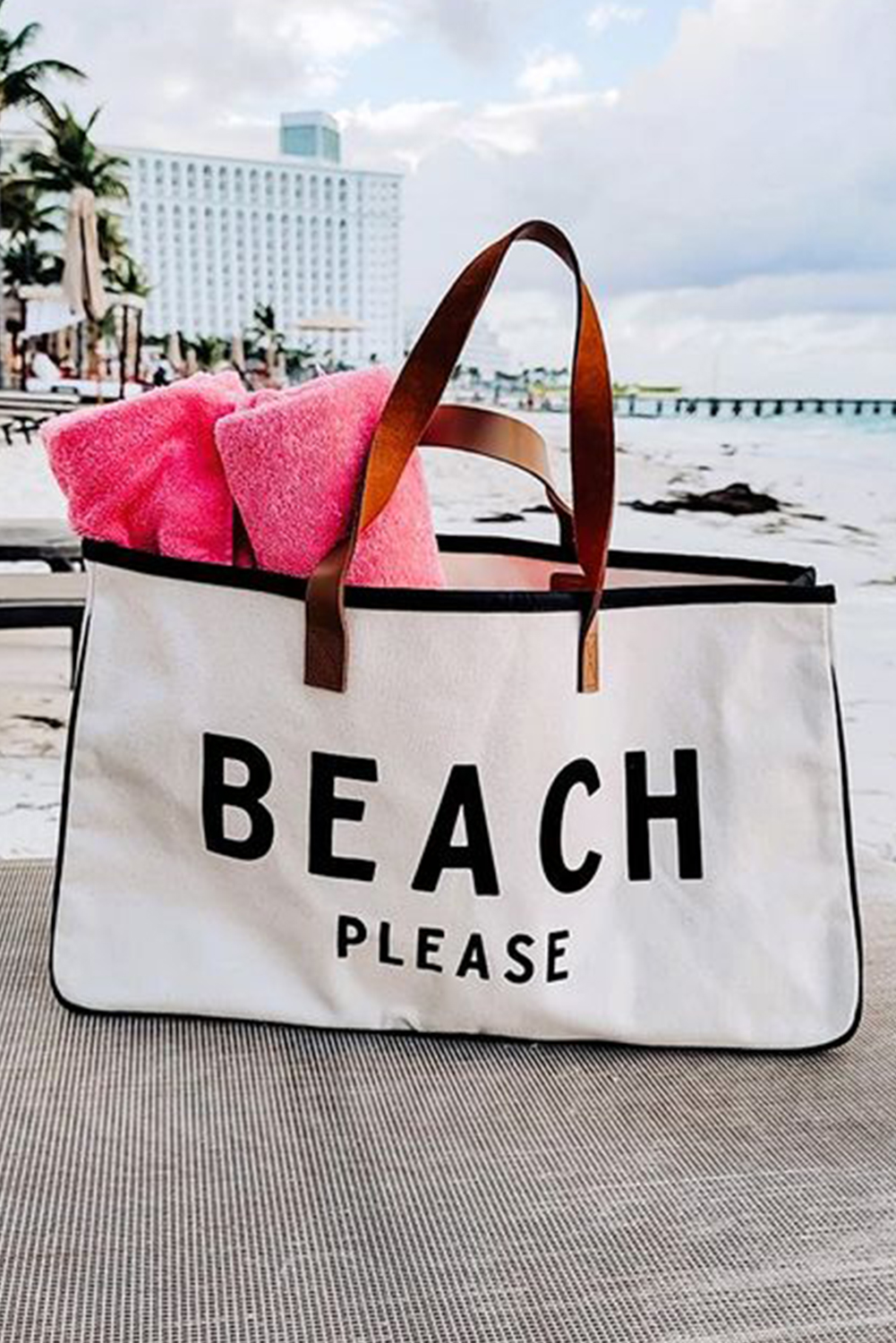 White BEACH PLEASE Print Large Canvas Tote Bag - loveforevers