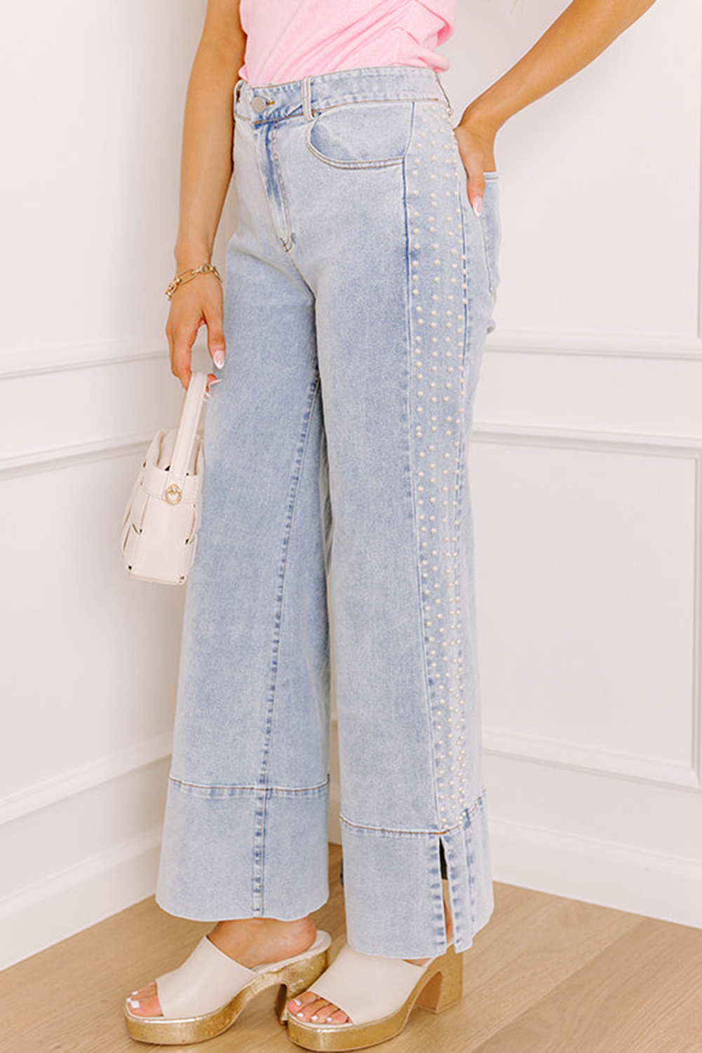 Beau Blue Mid Rise Pearl Embellished Split Wide Leg Jeans - loveforevers