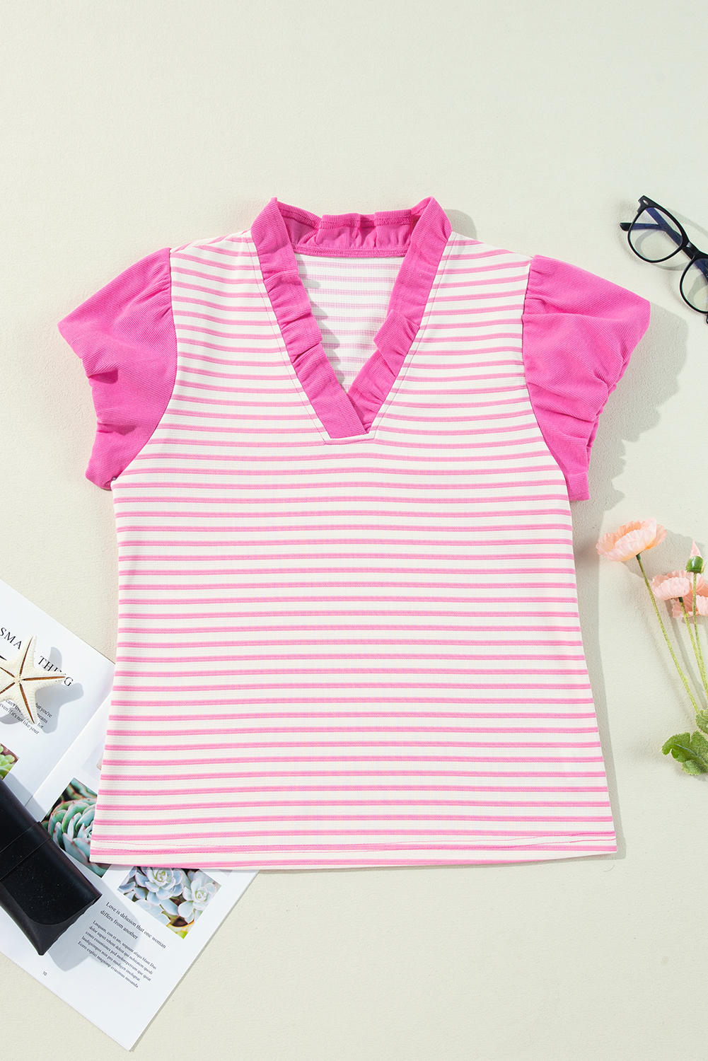 Pink Stripe Ruffled V Neck Cap Puff Sleeve Top - loveforevers