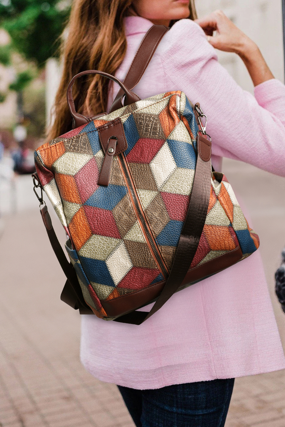 Chestnut Geometric Soft PU Leather Large Convertible Backpack - loveforevers