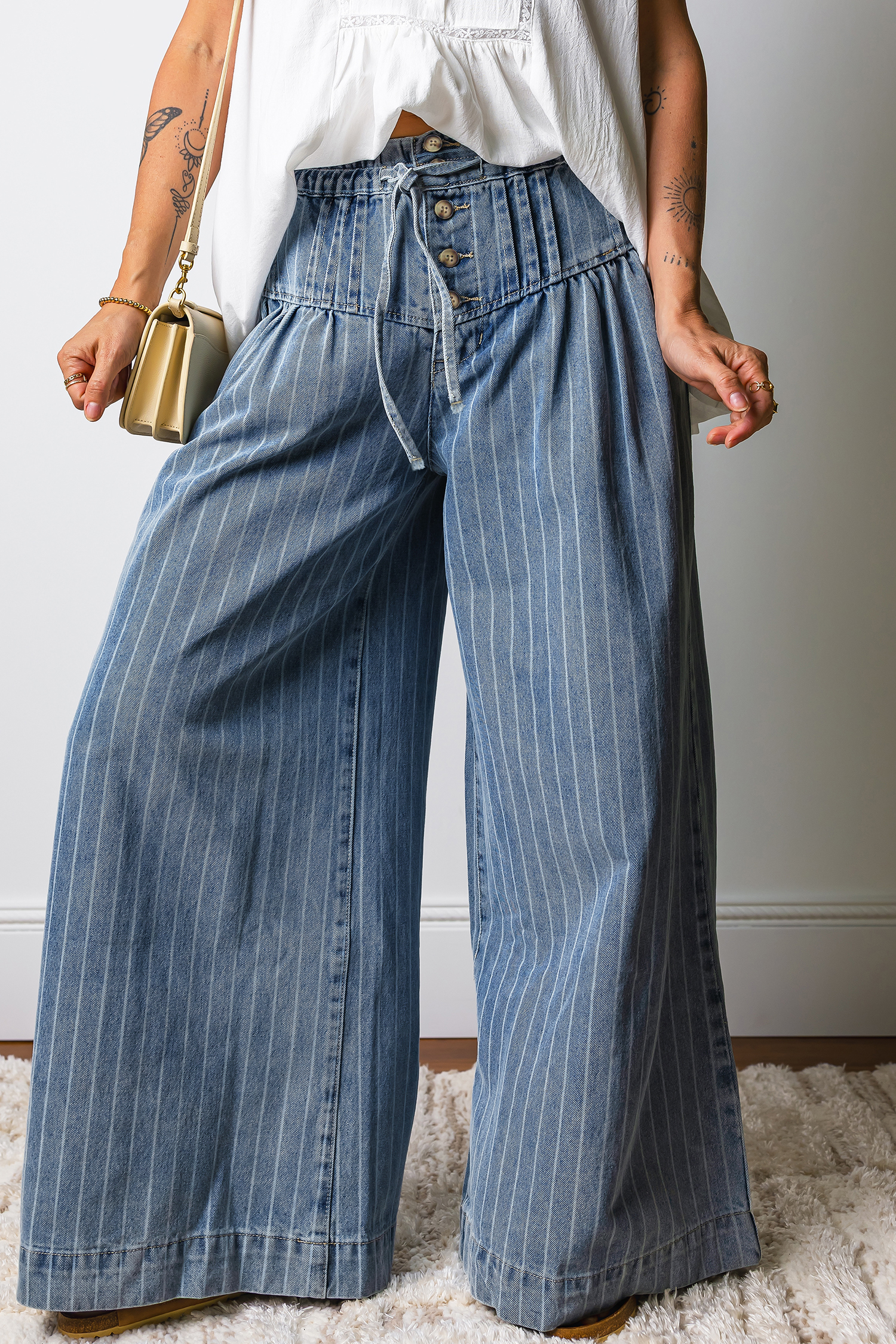 Sky Blue Stripe Button Pleated Drawstring Waist Casual Wide Leg Jeans - loveforevers