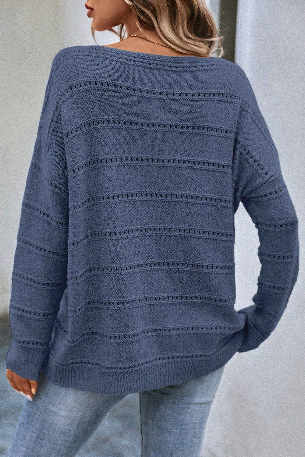 Real Teal Boat Neck Drop Shoulder Pointelle Knit Sweater - loveforevers