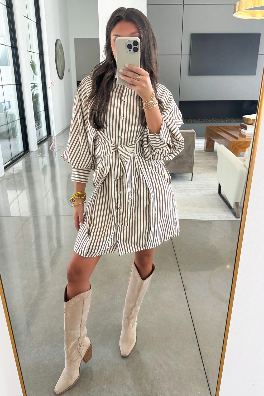 Brown Stripe Knot Waist Puff Sleeve Button Down Mini Shirt Dress - loveforevers