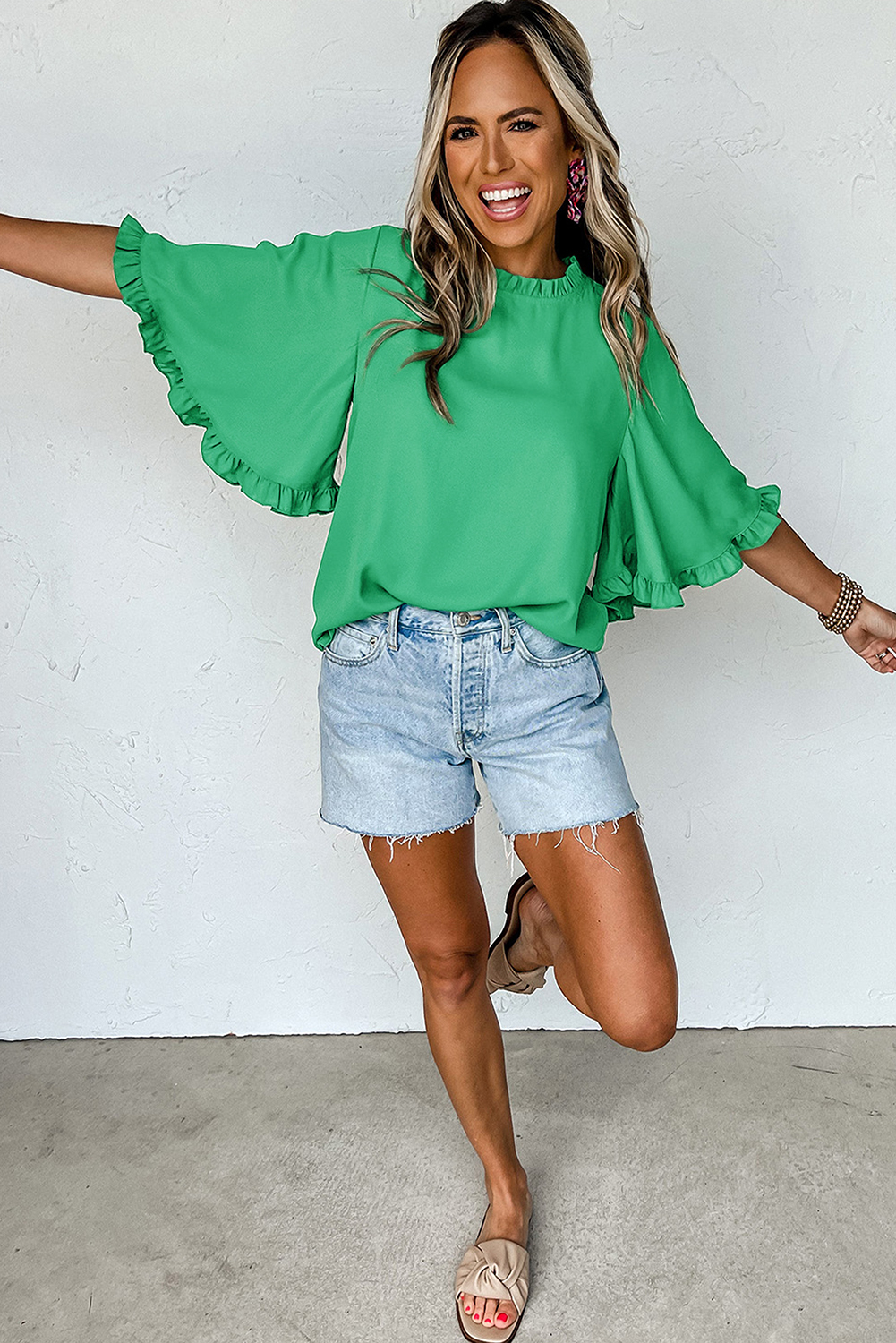Green Frilly Round Neck Wide Half Sleeve Blouse - loveforevers