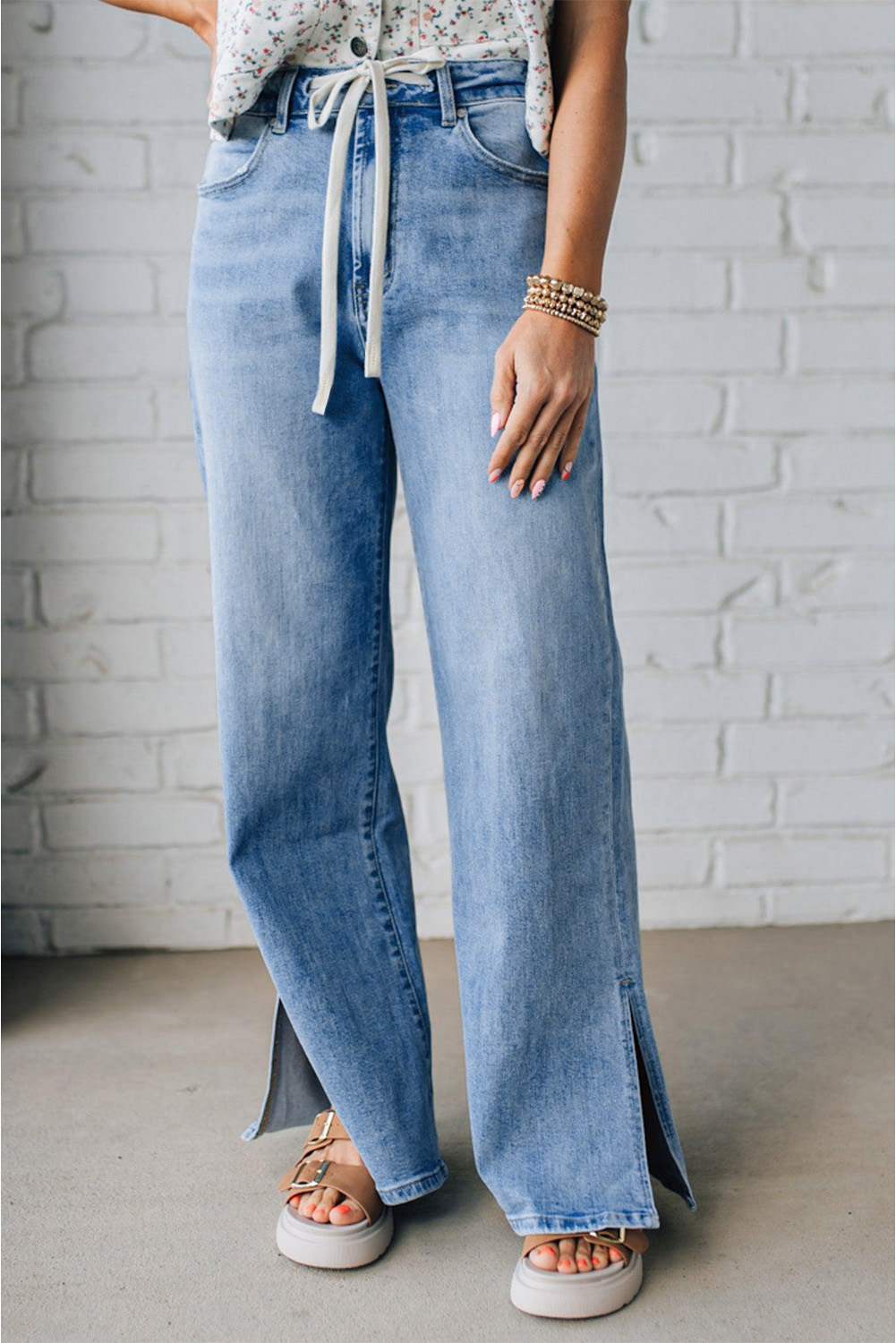 Myosotis Slit Leg High Rise Drawstring Casual Jeans - loveforevers
