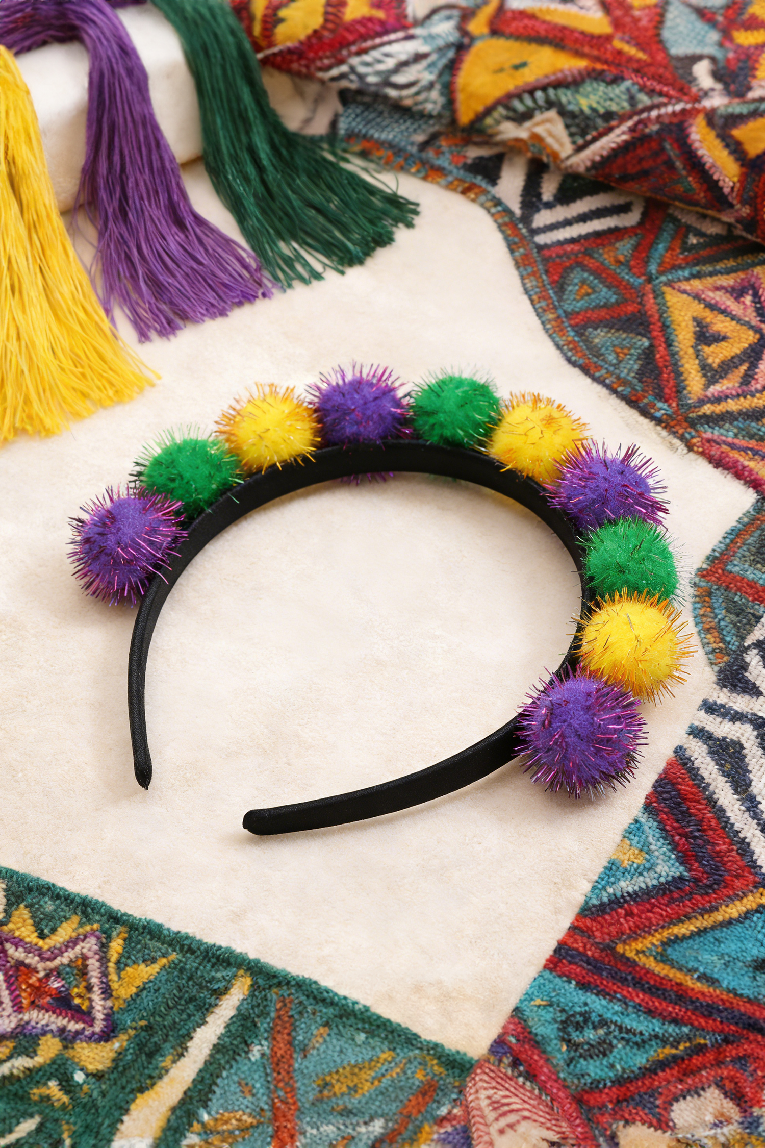 Tillandsia Purple Tinsel Pompom Mardi Gras Plastic Headband - loveforevers