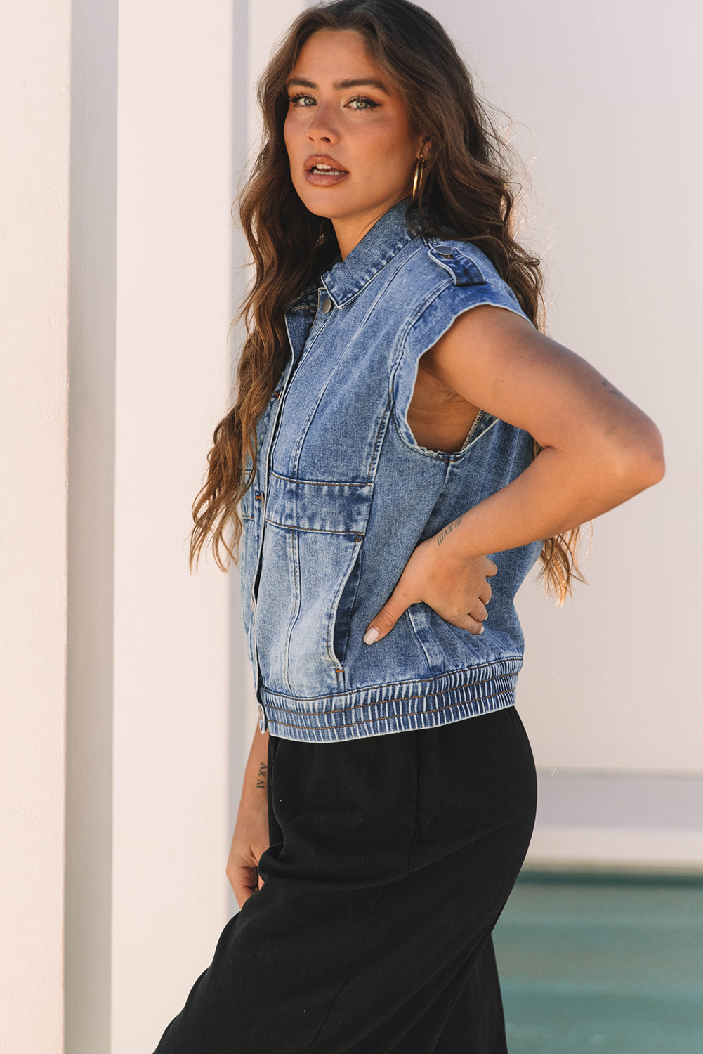 Ashleigh Blue Acid Wash Elastic Hem Button Up Denim Vest - loveforevers
