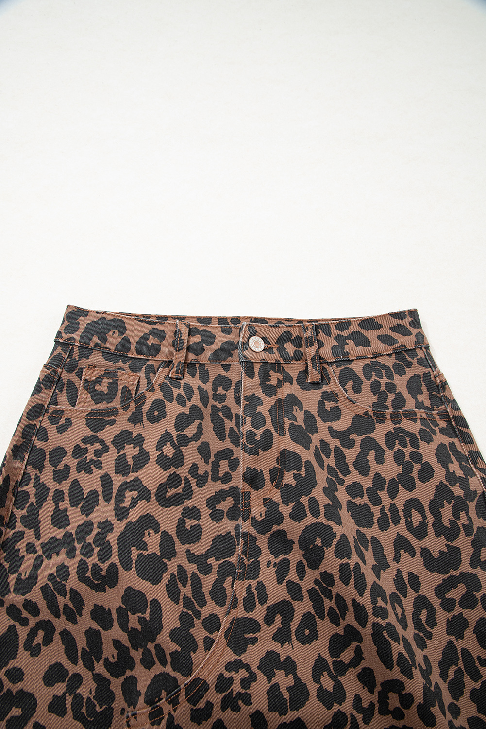 Brown Leopard Denim Frayed Split Denim Midi Skirt - loveforevers