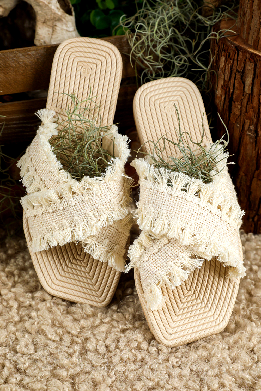 Beige Tassel Woven Crossed Straps Flat Slippers - loveforevers