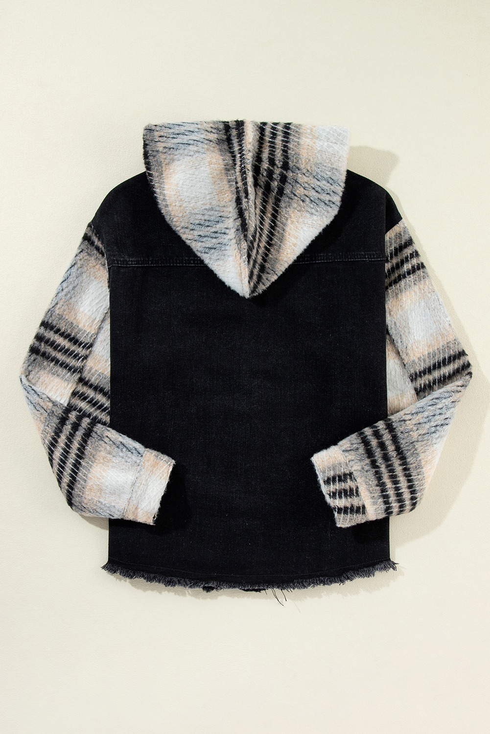 Black Plaid Sleeve Frayed Hem Hooded Denim Jacket - loveforevers