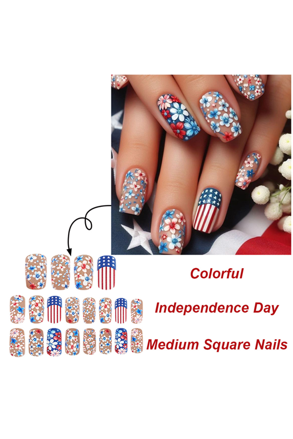Sky Blue American Flag Flower Print Square False Nails - loveforevers