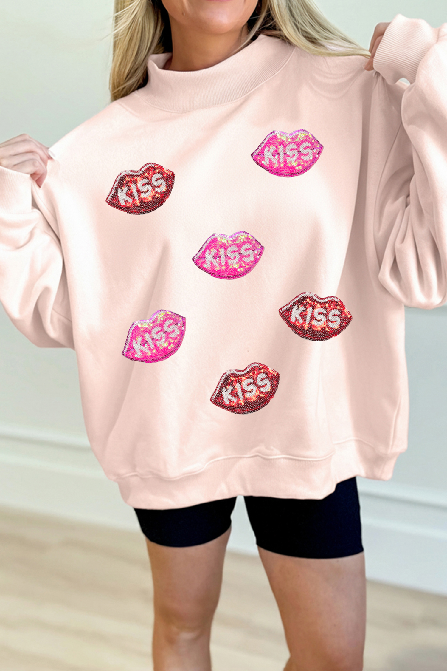 Apricot Pink Cowgirl Element Embroidered Detail Mock Neck Sweatshirt - loveforevers