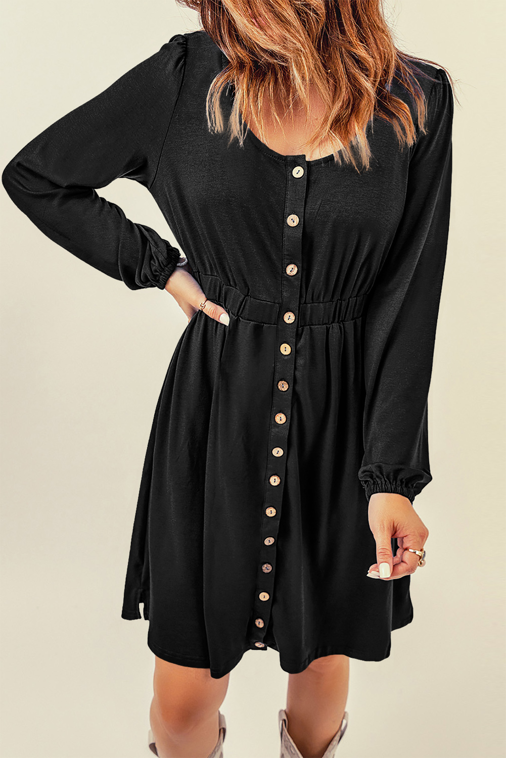 Black Button Up High Waist Long Sleeve Dress - loveforevers