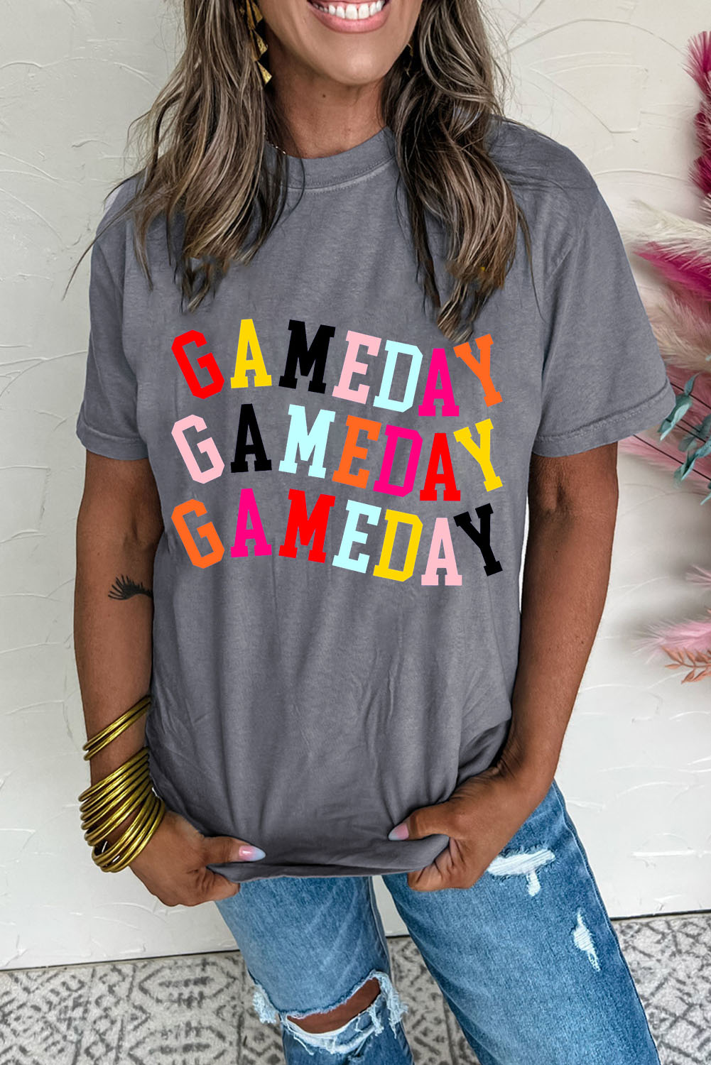 Gray Colorful GAME DAY Graphic Crew T Shirt - loveforevers