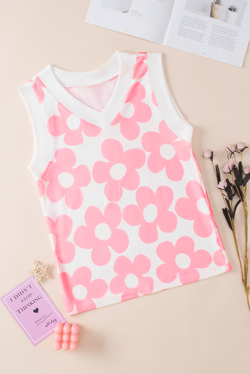 Pink Cute Flower Knitted V Neck Tank Top - loveforevers