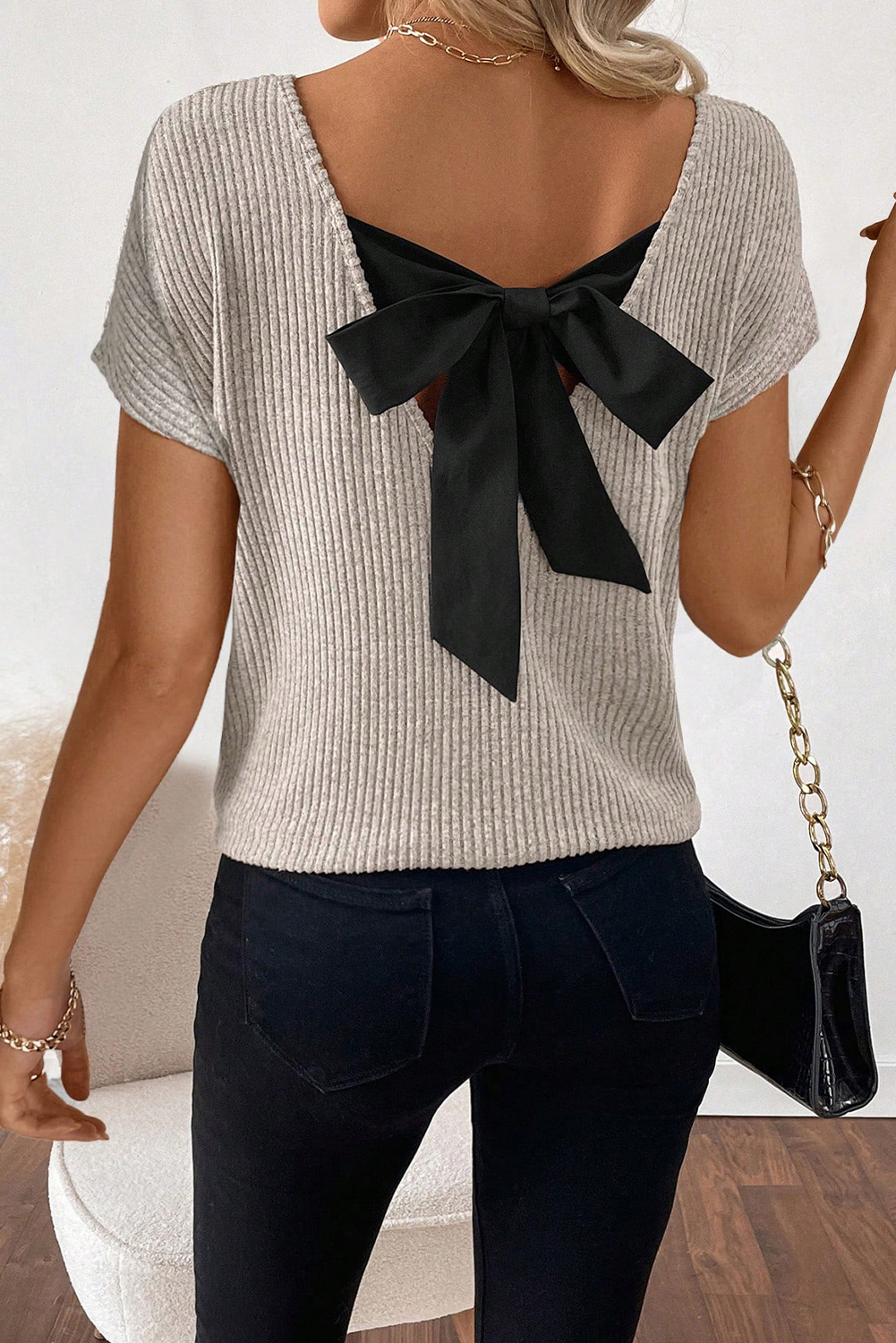 Gray Morn Ribbed Short Sleeve V Neck Colorblock Bow Back Top - loveforevers